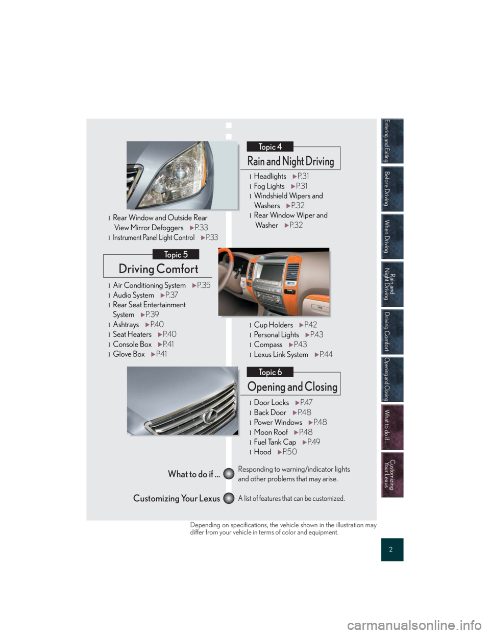 Lexus GX470 2007  Using other driving systems / LEXUS 2007 GX470 QUICK REFERENCE MANUAL Entering and Exiting
Before Driving
When Driving
Rain and 
Night Driving
Driving Comfort
Opening and Closing
What to do if ...
Customizing
Yo u r  L e x u s
2
Driving Comfort
Topic 5
Opening and Closi