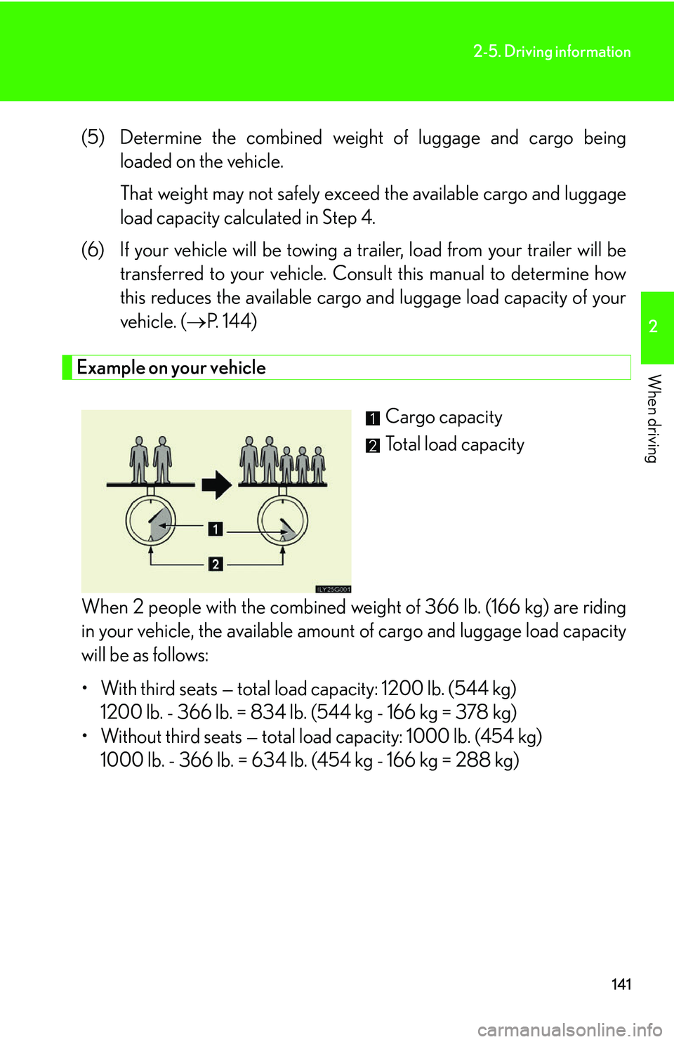 Lexus GX470 2007 Air Conditioning / LEXUS 2007 GX470 OWNERS MANUAL (OM60C64U) 141
2-5. Driving information
2
When driving
(5) Determine the combined weight of luggage and cargo being
loaded on the vehicle.
That weight may not safely exc eed the available cargo and luggage
load Lexus GX470 2007 Air Conditioning / LEXUS 2007 GX470 OWNERS MANUAL (OM60C64U) 141
2-5. Driving information
2
When driving
(5) Determine the combined weight of luggage and cargo being
loaded on the vehicle.
That weight may not safely exc eed the available cargo and luggage
load