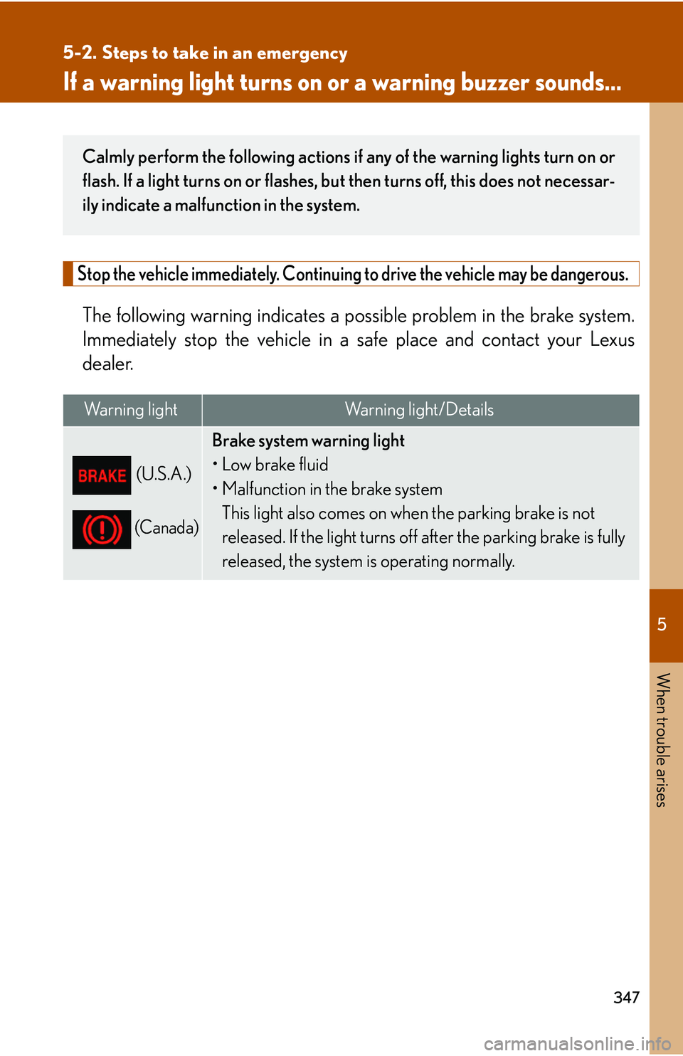 Lexus GX470 2007 Air Conditioning / LEXUS 2007 GX470 OWNERS MANUAL (OM60C64U) 5
When trouble arises
347
5-2. Steps to take in an emergency
If a warning light turns on or a warning buzzer sounds...
Stop the vehicle immediately. Continuing to drive the vehicle may be dangerous.
Lexus GX470 2007 Air Conditioning / LEXUS 2007 GX470 OWNERS MANUAL (OM60C64U) 5
When trouble arises
347
5-2. Steps to take in an emergency
If a warning light turns on or a warning buzzer sounds...
Stop the vehicle immediately. Continuing to drive the vehicle may be dangerous.