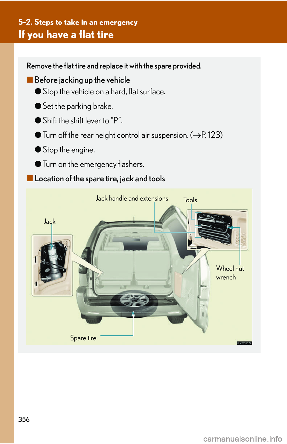 Lexus GX470 2007 Air Conditioning / LEXUS 2007 GX470 OWNERS MANUAL (OM60C64U) 356
5-2. Steps to take in an emergency
If you have a flat tire
Remove the flat tire and replace it with the spare provided.
■Before jacking up the vehicle
●Stop the vehicle on a hard, flat surface Lexus GX470 2007 Air Conditioning / LEXUS 2007 GX470 OWNERS MANUAL (OM60C64U) 356
5-2. Steps to take in an emergency
If you have a flat tire
Remove the flat tire and replace it with the spare provided.
■Before jacking up the vehicle
●Stop the vehicle on a hard, flat surface