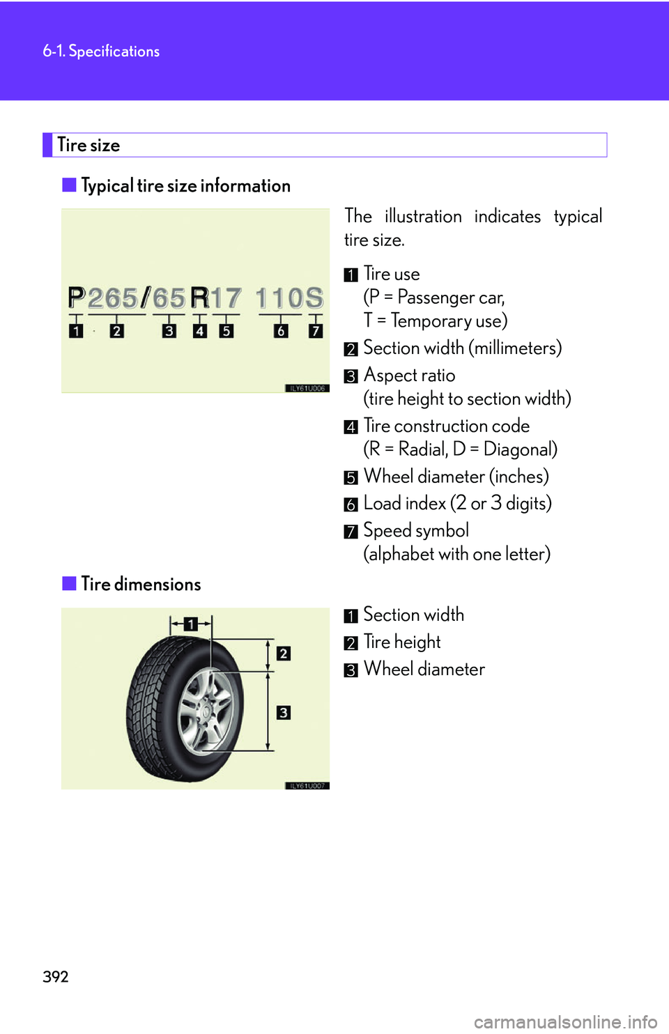 Lexus GX470 2007  Air Conditioning / LEXUS 2007 GX470 OWNERS MANUAL (OM60C64U) 392
6-1. Specifications
Tire size■ Typical tire size information
The illustration indicates typical
tire size.
Ti r e  u s e
(P = Passenger car, 
T = Temporary use)
Section width (millimeters)
Aspec
