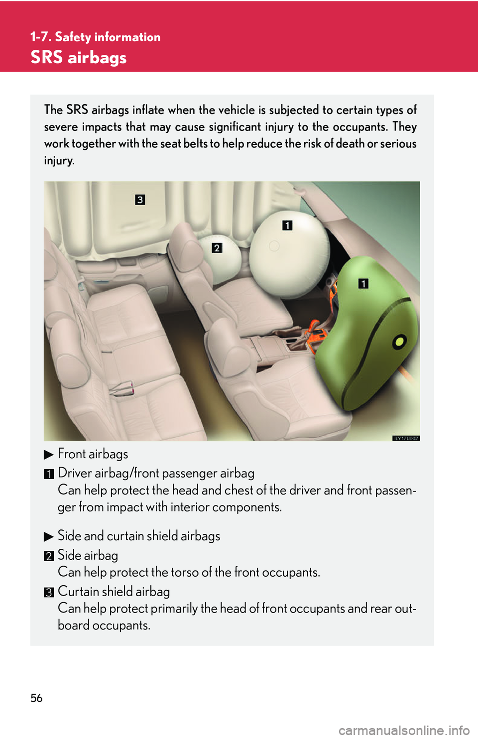 Lexus GX470 2007 Air Conditioning / LEXUS 2007 GX470 (OM60C64U) Manual PDF 56
1-7. Safety information
SRS airbags
The SRS airbags inflate when the vehicle is subjected to certain types of
severe impacts that may cause significant injury to the occupants. They
work together w Lexus GX470 2007 Air Conditioning / LEXUS 2007 GX470 (OM60C64U) Manual PDF 56
1-7. Safety information
SRS airbags
The SRS airbags inflate when the vehicle is subjected to certain types of
severe impacts that may cause significant injury to the occupants. They
work together w