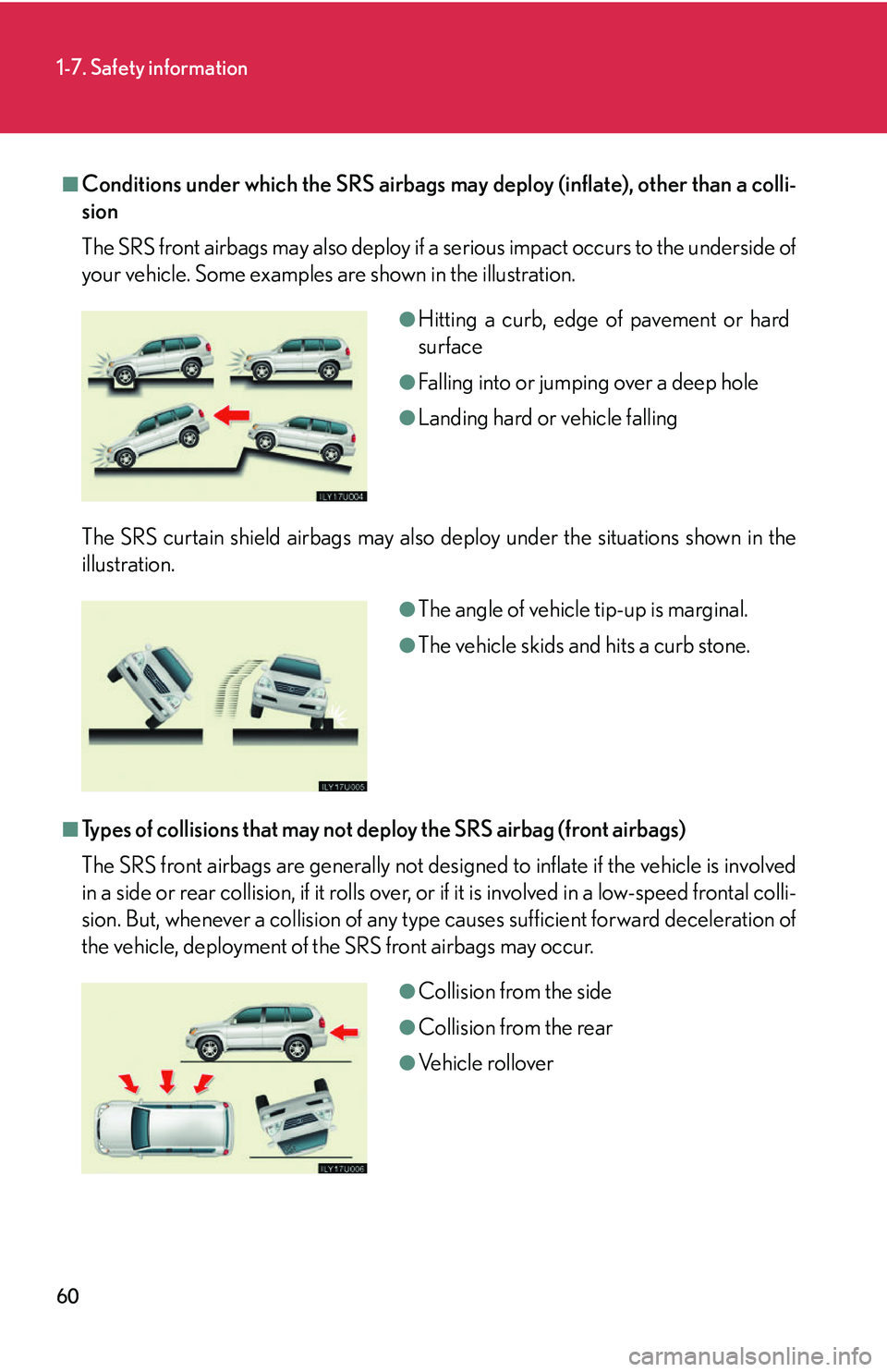 Lexus GX470 2007 Air Conditioning / LEXUS 2007 GX470 (OM60C64U) Manual PDF 60
1-7. Safety information
■Conditions under which the SRS airbags may deploy (inflate), other than a colli-
sion
The SRS front airbags may also deploy if a serious impact occurs to the underside of Lexus GX470 2007 Air Conditioning / LEXUS 2007 GX470 (OM60C64U) Manual PDF 60
1-7. Safety information
■Conditions under which the SRS airbags may deploy (inflate), other than a colli-
sion
The SRS front airbags may also deploy if a serious impact occurs to the underside of