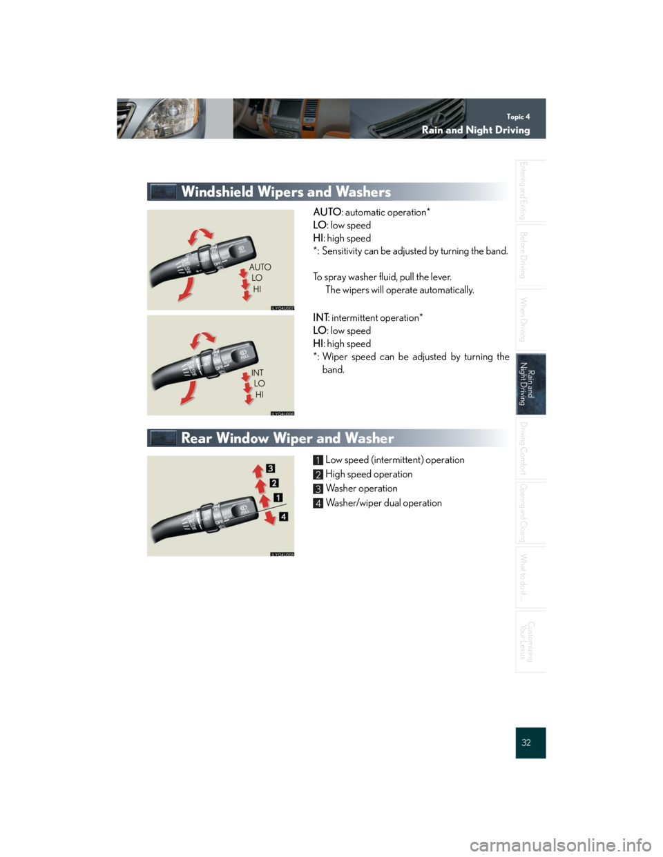Lexus GX470 2007  Air Conditioning / Topic 4
Rain and Night Driving
32
Entering and Exiting
Before DrivingBefore Driving
When Driving
Rain and 
Night DrivingRain and 
Night Driving
Driving Comfort
Opening and Closing
What to do if ...
Cu