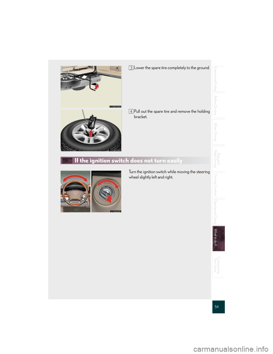 Lexus GX470 2007  Air Conditioning / 54
Entering and Exiting
Before Driving
When Driving
Rain and 
Night Driving
Driving Comfort
Opening and Closing
What to do if ...
Customizing
Yo u r  L e x u s
Lower the spare tire completely to the g