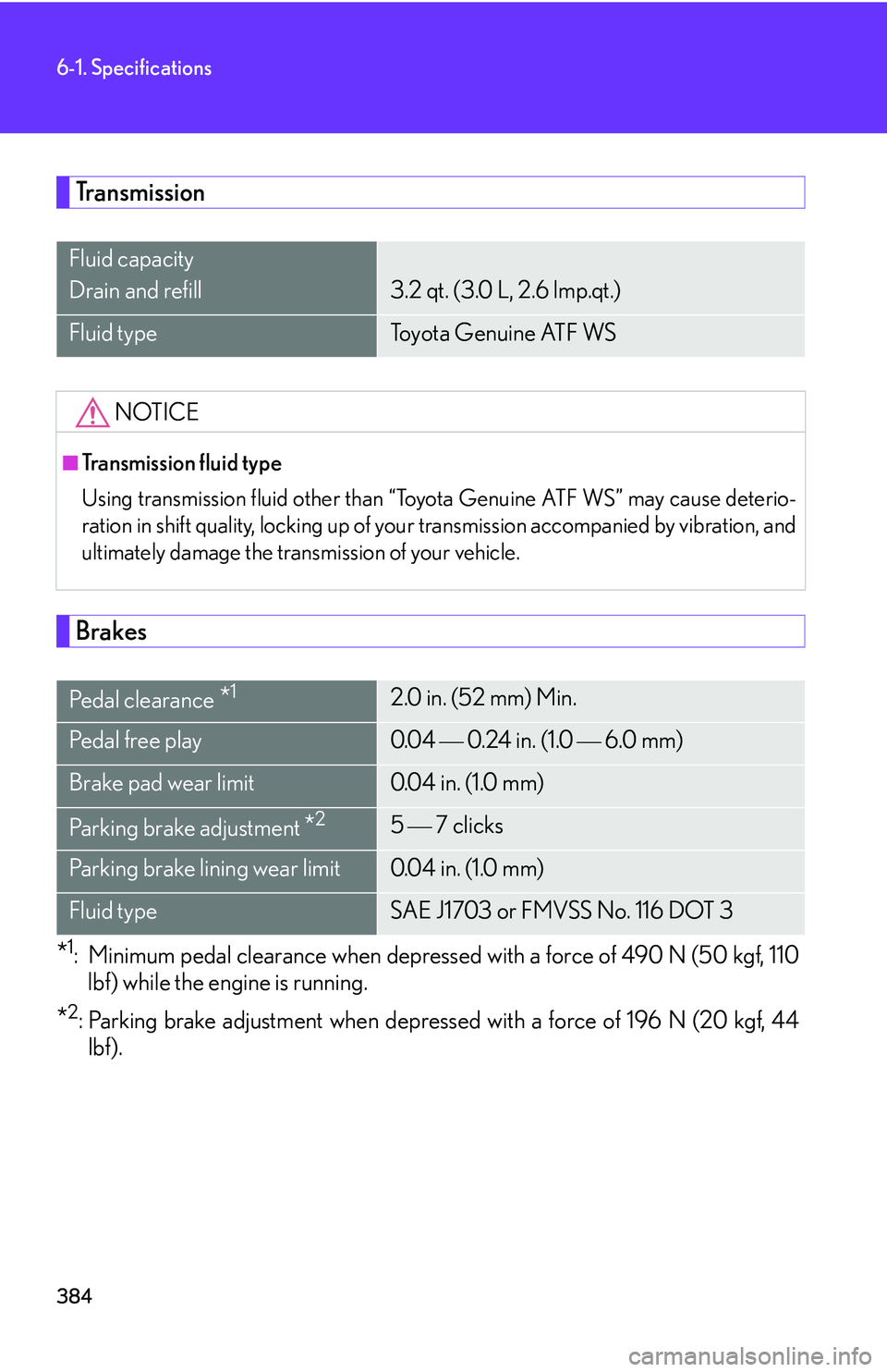 Lexus GX470 2007  Instrument cluster / LEXUS 2007 GX470 OWNERS MANUAL (OM60C64U) 384
6-1. Specifications
Transmission
Brakes
*1: Minimum pedal clearance when depressed with a force of 490 N (50 kgf, 110lbf) while the engine is running.
*2: Parking brake adjustment when depressed w