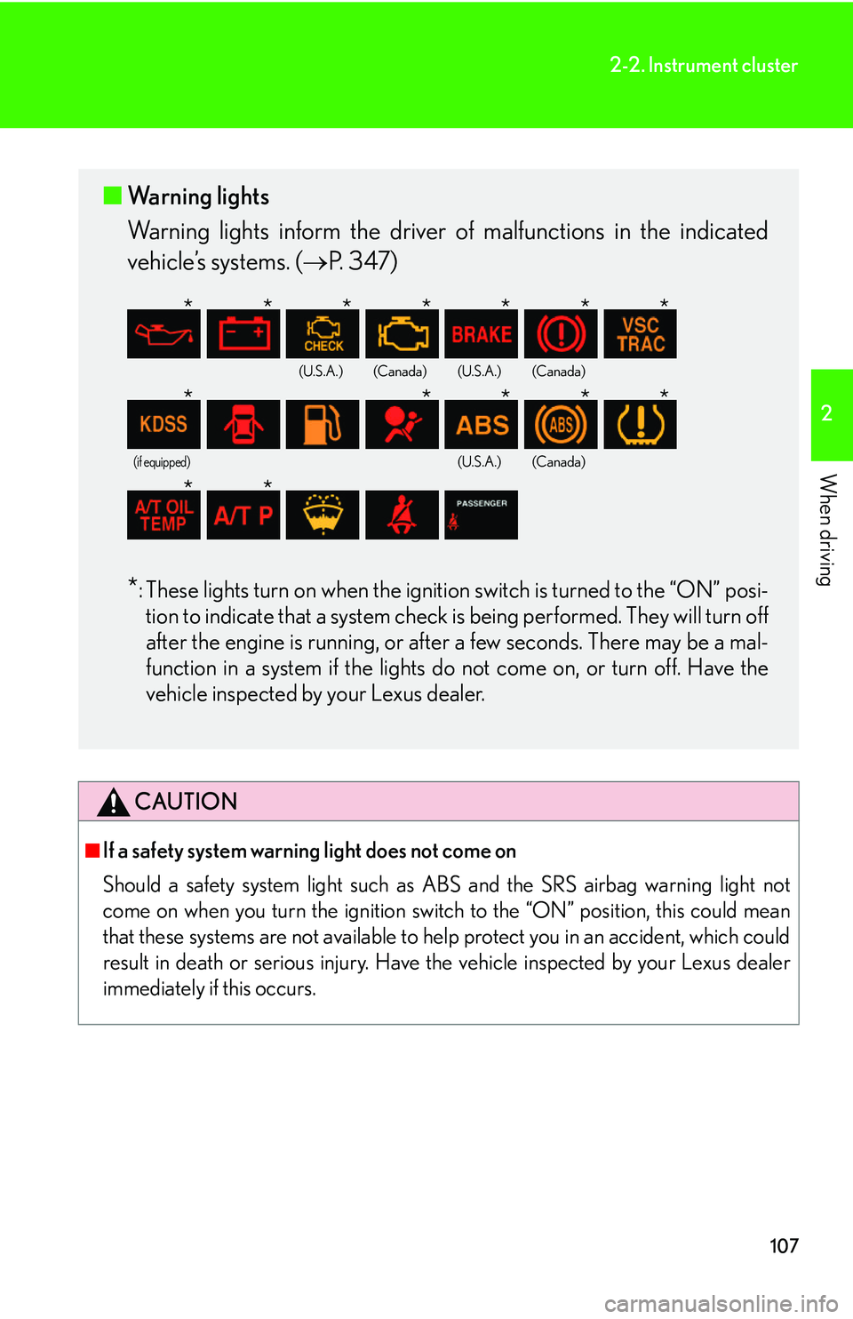 Lexus GX470 2007 Theft deterrent system / LEXUS 2007 GX470 OWNERS MANUAL (OM60C64U) 107
2-2. Instrument cluster
2
When driving
CAUTION
■If a safety system warning light does not come on
Should a safety system light such as ABS and the SRS airbag warning light not
come on when you Lexus GX470 2007 Theft deterrent system / LEXUS 2007 GX470 OWNERS MANUAL (OM60C64U) 107
2-2. Instrument cluster
2
When driving
CAUTION
■If a safety system warning light does not come on
Should a safety system light such as ABS and the SRS airbag warning light not
come on when you