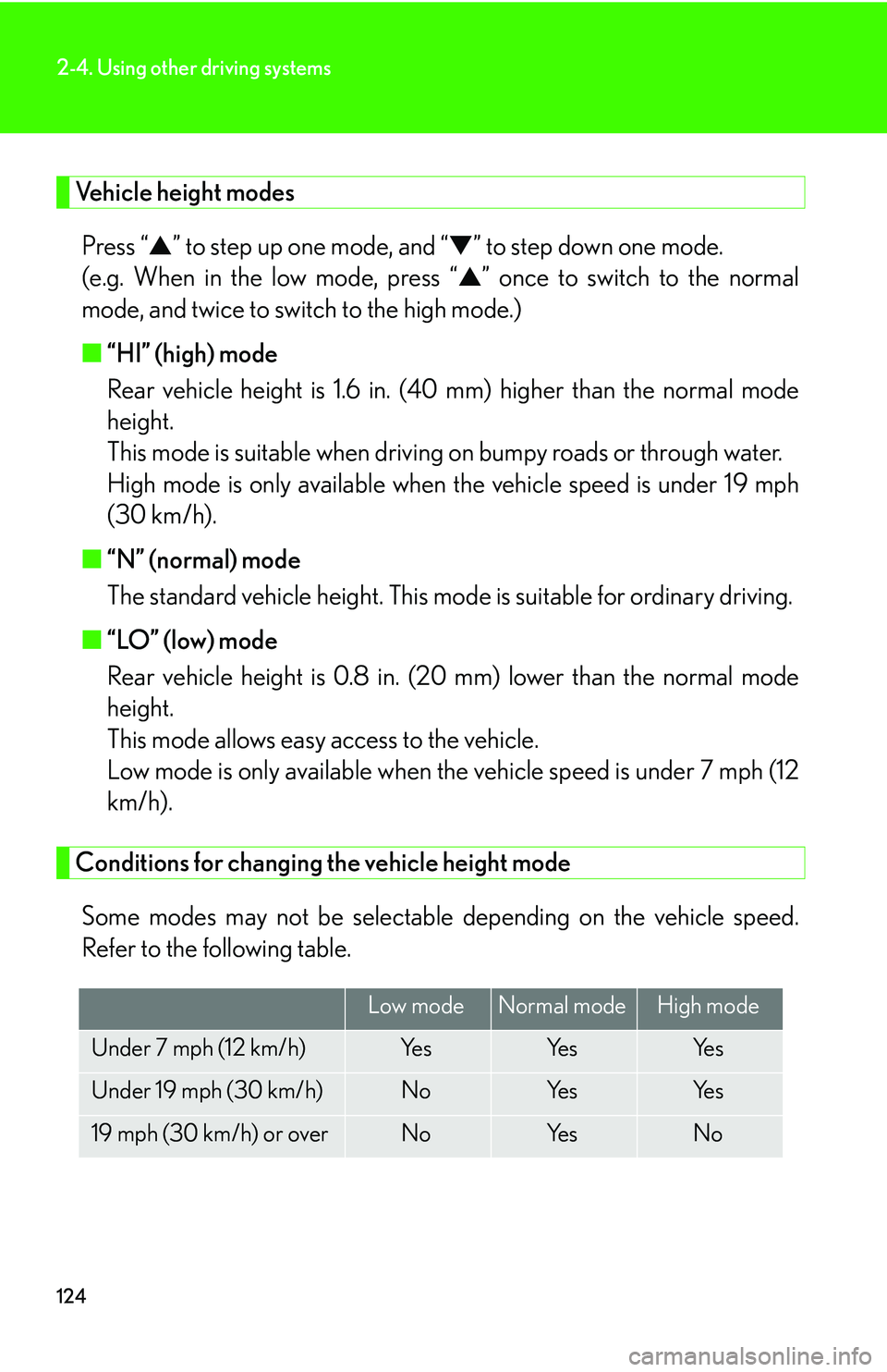 Lexus GX470 2007 Theft deterrent system / LEXUS 2007 GX470 OWNERS MANUAL (OM60C64U) 124
2-4. Using other driving systems
Vehicle height modesPress “ ▲” to step up one mode, and “ ▼” to step down one mode.
(e.g. When in the low mode, press “ ▲” once to switch to the Lexus GX470 2007 Theft deterrent system / LEXUS 2007 GX470 OWNERS MANUAL (OM60C64U) 124
2-4. Using other driving systems
Vehicle height modesPress “ ▲” to step up one mode, and “ ▼” to step down one mode.
(e.g. When in the low mode, press “ ▲” once to switch to the