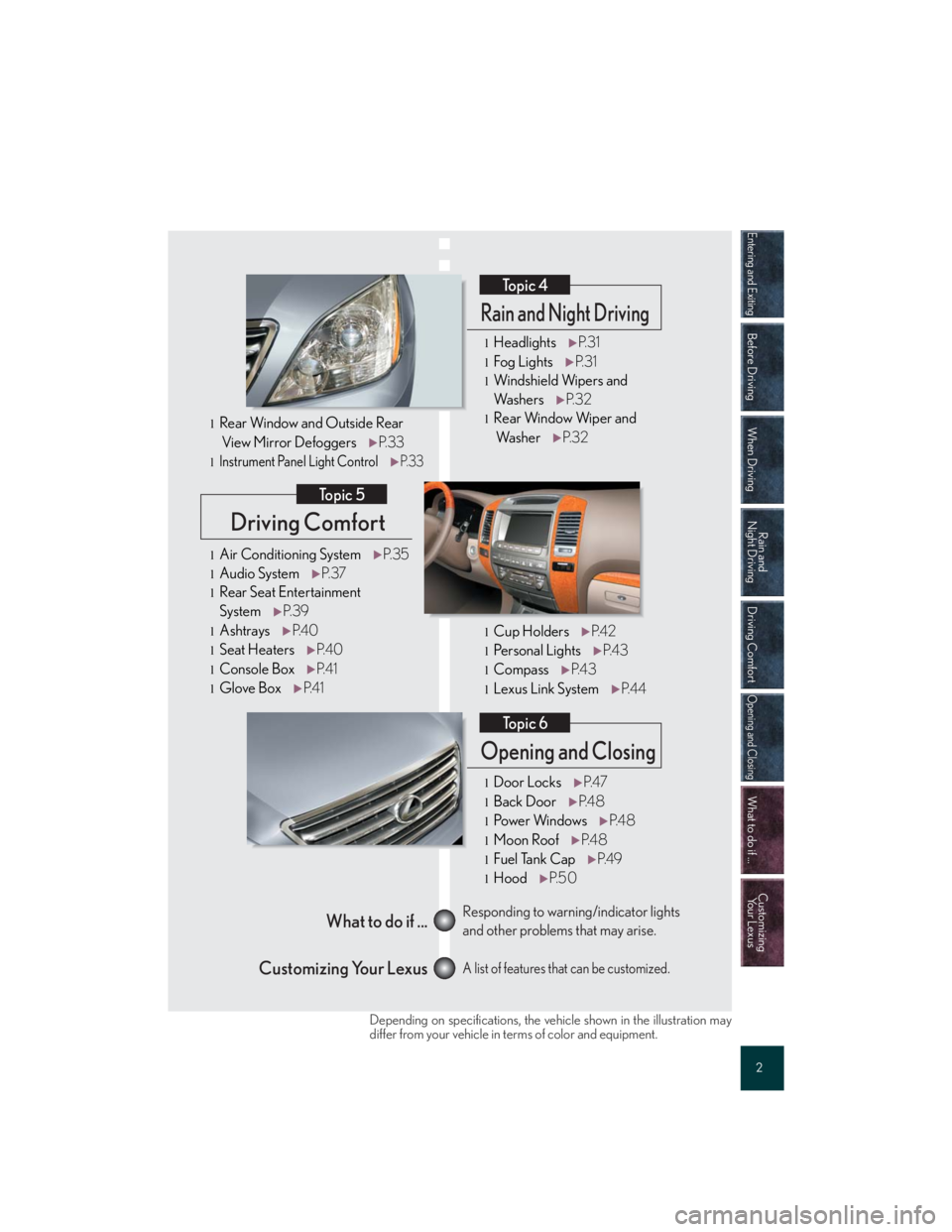 Lexus GX470 2007  Theft deterrent system / Entering and Exiting
Before Driving
When Driving
Rain and 
Night Driving
Driving Comfort
Opening and Closing
What to do if ...
Customizing
Yo u r  L e x u s
2
Driving Comfort
Topic 5
Opening and Closi