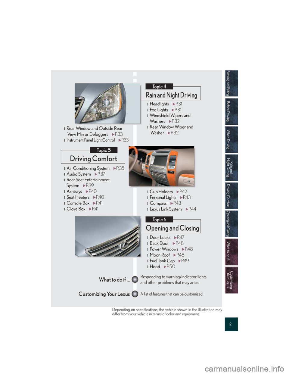 Lexus GX470 2007 Theft deterrent system / Entering and Exiting
Before Driving
When Driving
Rain and
Night Driving
Driving Comfort
Opening and Closing
What to do if ...
Customizing
Yo u r L e x u s
2
Driving Comfort
Topic 5
Opening and Closi Lexus GX470 2007 Theft deterrent system / Entering and Exiting
Before Driving
When Driving
Rain and
Night Driving
Driving Comfort
Opening and Closing
What to do if ...
Customizing
Yo u r L e x u s
2
Driving Comfort
Topic 5
Opening and Closi