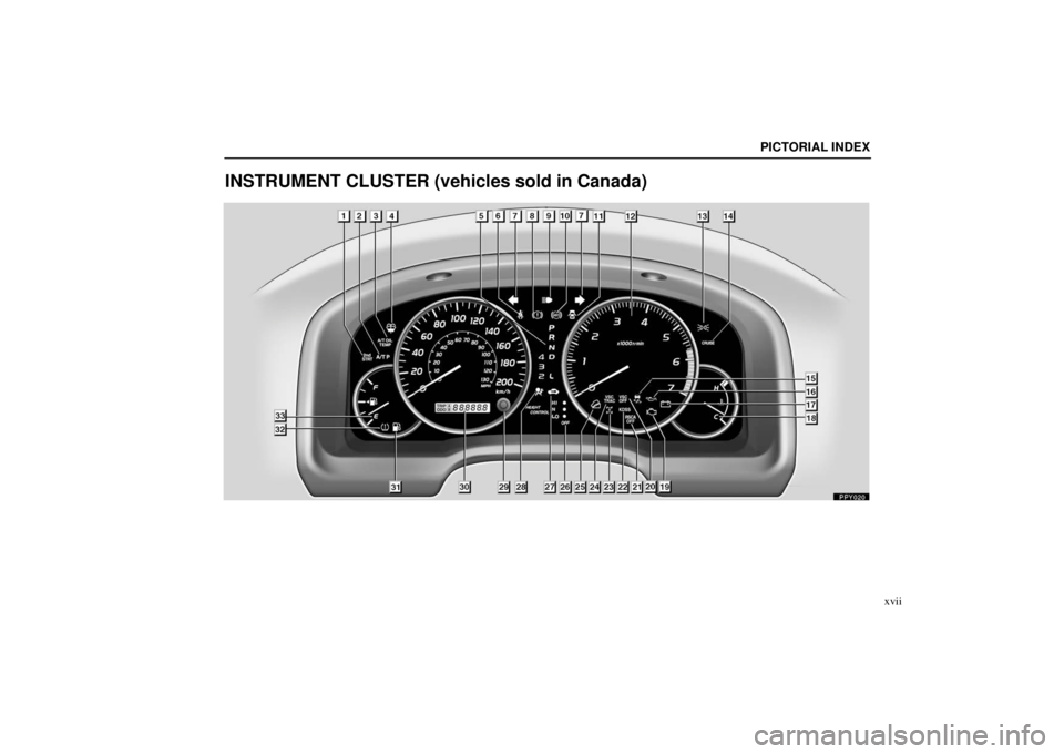 Lexus GX470 2006  Starting and Driving / LEXUS 2006 GX470  (OM60B99U) User Guide PICTORIAL INDEX
xvii
INSTRUMENT CLUSTER (vehicles sold in Canada) 