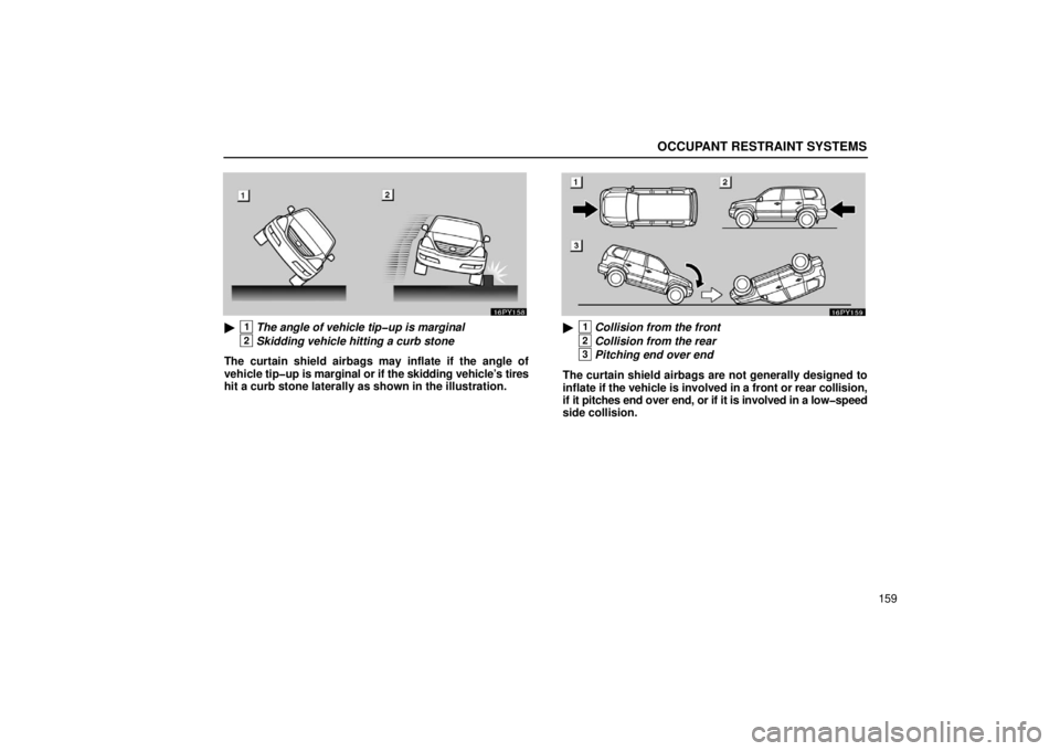 Lexus GX470 2006  Starting and Driving / LEXUS 2006 GX470 OWNERS MANUAL (OM60B99U) OCCUPANT RESTRAINT SYSTEMS
159
1The angle of vehicle tip�up is marginal
2Skidding vehicle hitting a curb stone
The curtain shield airbags may inflate if the angle of
vehicle  tip�up is marginal or if