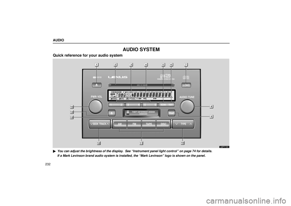 Lexus GX470 2006  Starting and Driving / LEXUS 2006 GX470  (OM60B99U) Owners Guide AUDIO
232
AUDIO SYSTEM
Quick reference for your audio system
22PY155
You can adjust the brightness of the display.  See “Instrument panel light control” on page 74 for details.
If a Mark Levinson