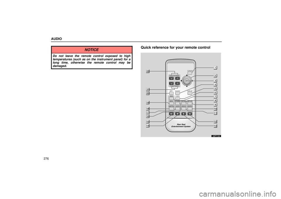 Lexus GX470 2006  Starting and Driving / LEXUS 2006 GX470 OWNERS MANUAL (OM60B99U) AUDIO
276
NOTICE
Do not leave the remote control exposed to high
temperatures (such as on the instrument panel) for a
long time, otherwise the remote control may be
damaged.
Quick reference for your r