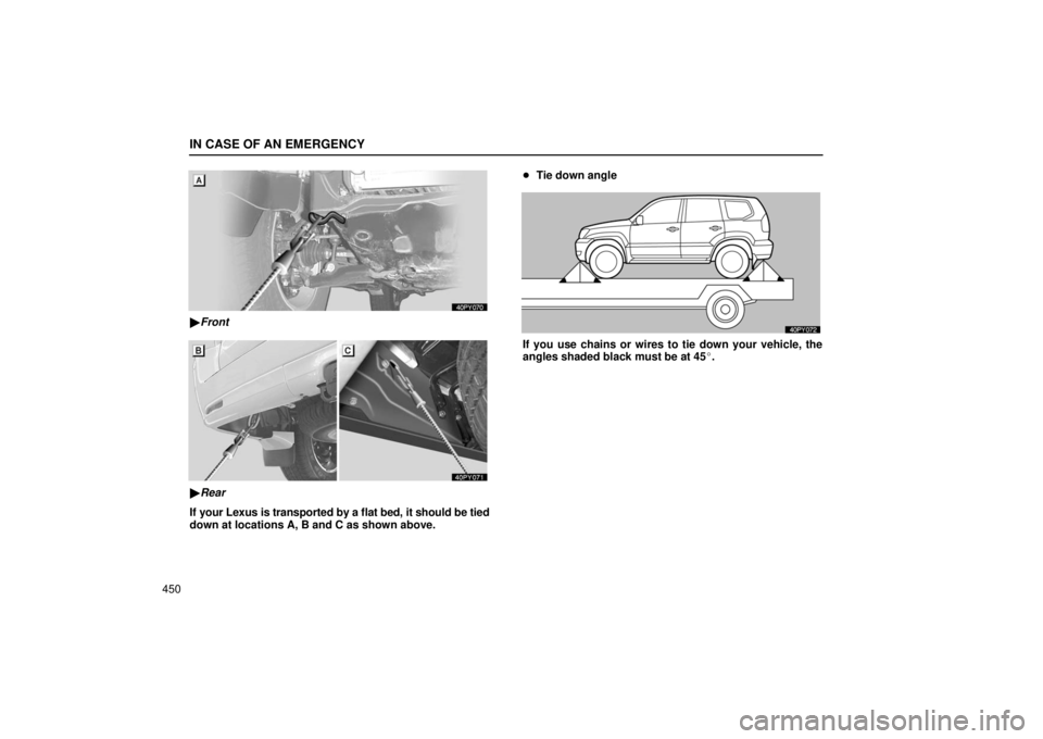 Lexus GX470 2006  Starting and Driving / LEXUS 2006 GX470 OWNERS MANUAL (OM60B99U) IN CASE OF AN EMERGENCY
450
Front
Rear
If your Lexus is transported by a flat bed, it should be tied
down at locations A, B and C as shown above. 
Tie down angle
If you use chains or wires to tie d