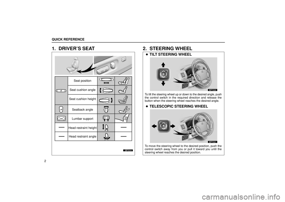 Lexus GX470 2006  Basic Functions In Frequent Use / LEXUS 2006 GX470 OWNERS MANUAL (OM60B99U) Seat position
Head restraint angle
Head restraint height Lumbar supportSeatback angle
Seat cushion height
Seat cushion angle

TILT STEERING WHEEL
 TELESCOPIC STEERING WHEEL
To tilt the steering whee