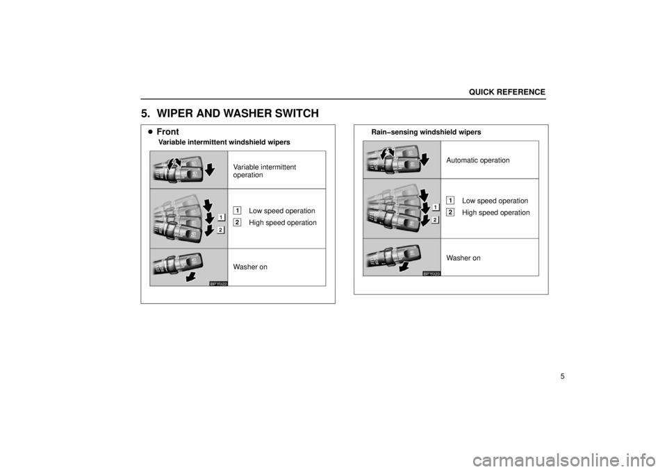 Lexus GX470 2006   Information / LEXUS 2006 GX470 OWNERS MANUAL (OM60B99U) Owners Manual Front
Variable intermittent
operation
Washer on
Variable intermittent windshield wipers
1Low speed operation
2High speed operation
Automatic operation
Washer on
Rain�sensing windshield wipers
1Low sp