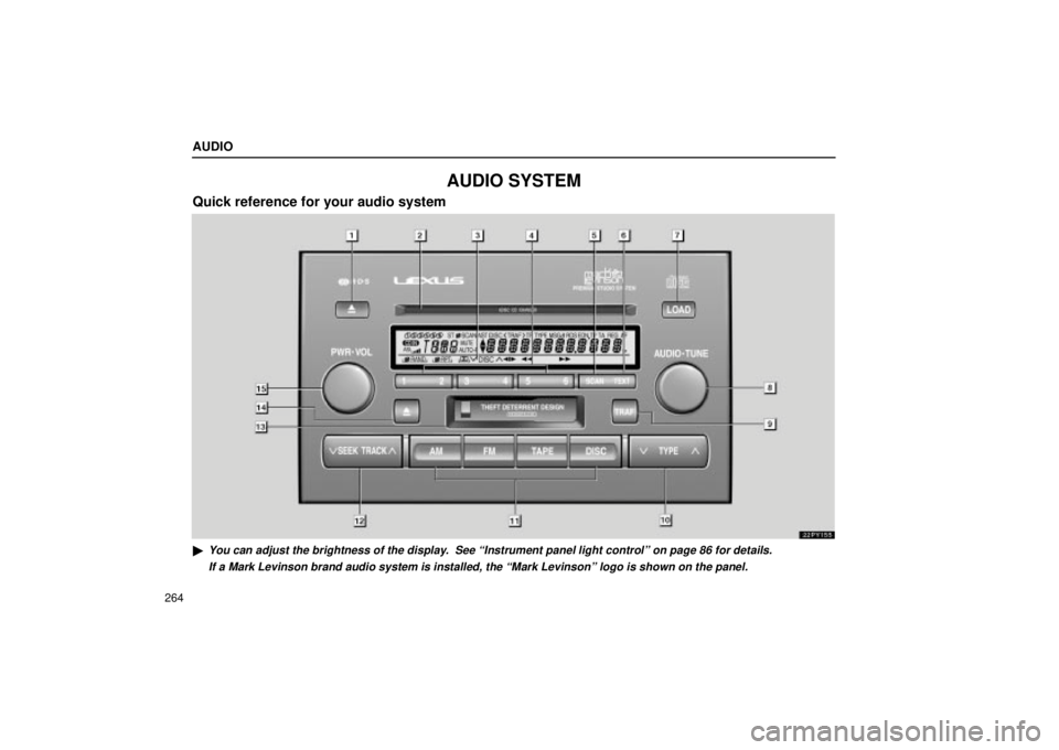 Lexus GX470 2005  Audio / LEXUS 2005 GX470 OWNERS MANUAL (OM60B11U) AUDIO
264
AUDIO SYSTEM
Quick reference for your audio system
22PY155
You can adjust the brightness of the display.  See ªInstrument panel light controlº on page 86 for details.If a Mark Levinson br