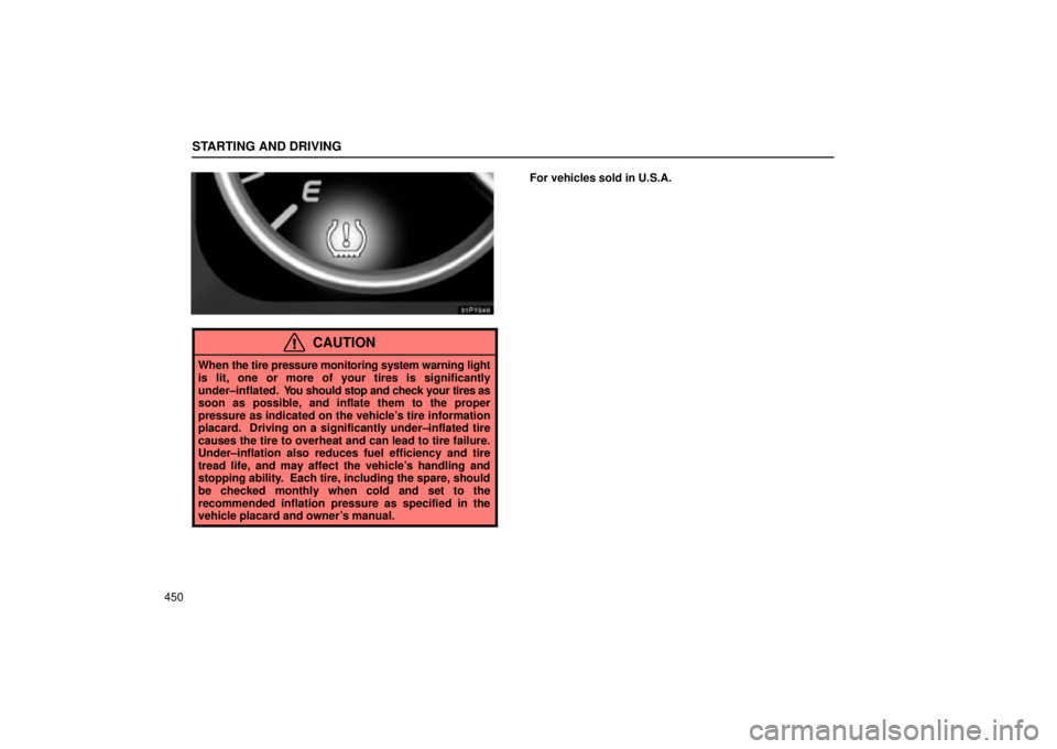 Lexus GX470 2005  Audio / LEXUS 2005 GX470 OWNERS MANUAL (OM60B11U) STARTING AND DRIVING
450
CAUTION
When the tire pressure monitoring system warning light
is lit, one or more of your tires is significantly
under±inflated.  You  should stop and check your tires as
so
