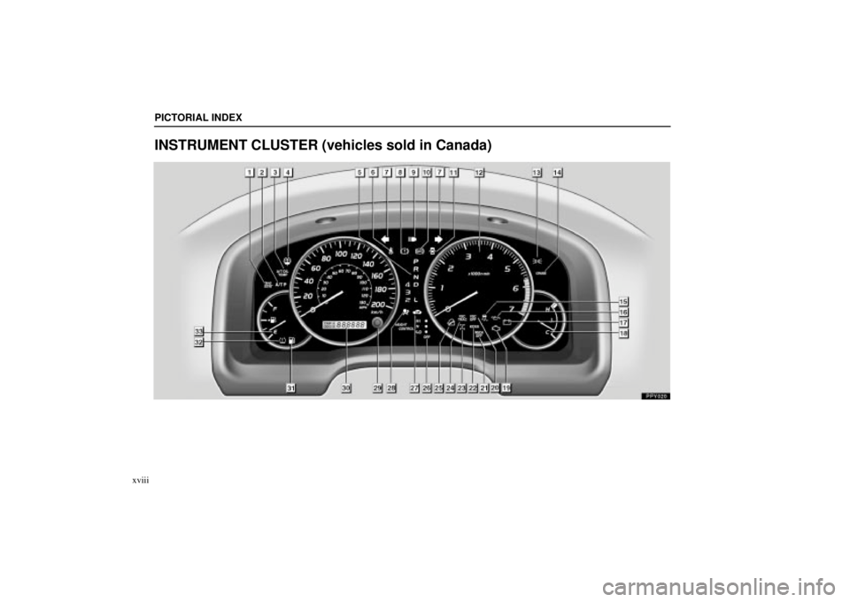 Lexus GX470 2005 Scheduled Maintenance Guide / LEXUS 2005 GX470 (OM60B11U) User Guide PICTORIAL INDEX
xviii
INSTRUMENT CLUSTER (vehicles sold in Canada) Lexus GX470 2005 Scheduled Maintenance Guide / LEXUS 2005 GX470 (OM60B11U) User Guide PICTORIAL INDEX
xviii
INSTRUMENT CLUSTER (vehicles sold in Canada)