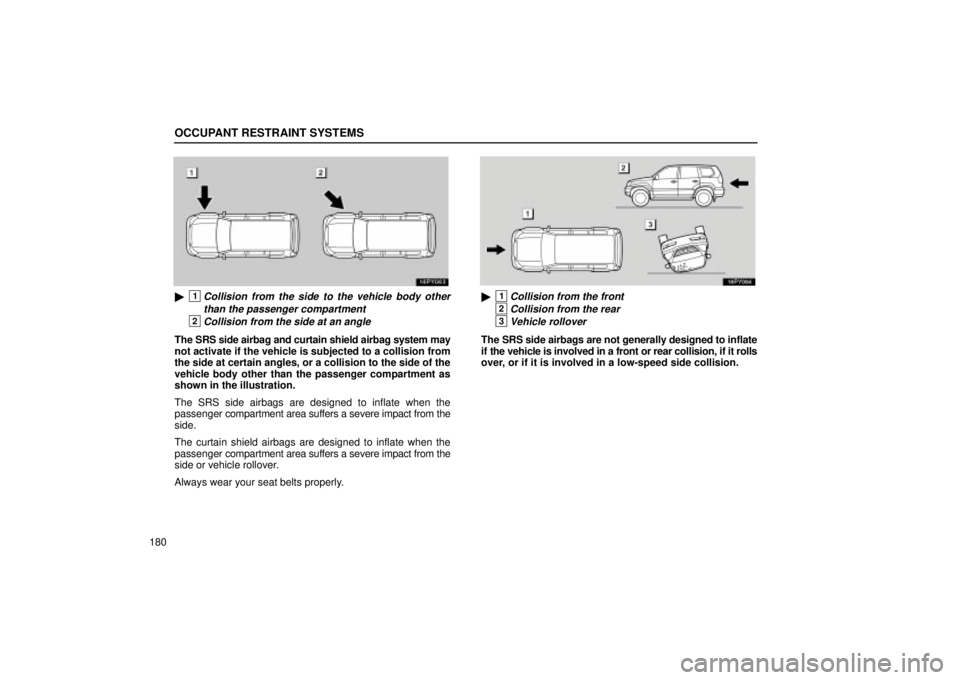 Lexus GX470 2004  Audio / OCCUPANT RESTRAINT SYSTEMS
180
1Collision from the side to the vehicle body otherthan the passenger compartment
2Collision from the side at an angle
The SRS side airbag and curtain shield airbag syst