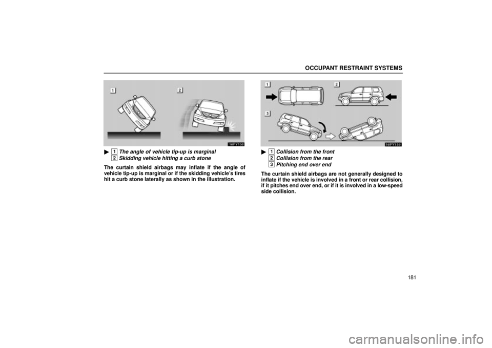 Lexus GX470 2004  Audio / OCCUPANT RESTRAINT SYSTEMS
181
1The angle of vehicle tip-up is marginal
2Skidding vehicle hitting a curb stone
The curtain shield airbags may inflate if the angle of
vehicle tip-up is marginal or if 