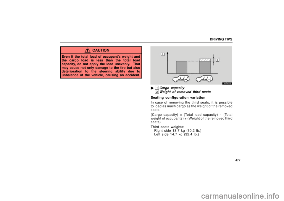 Lexus GX470 2004  Audio System / LEXUS 2004 GX470 FROM SEP. 2004 PROD. OWNERS MANUAL (OM60B57U) DRIVING TIPS
477
CAUTION
Even if the total load of occupants weight and
the cargo load is less than the total load
capacity, do not apply the load unevenly.  That
may cause not only damage to the tir