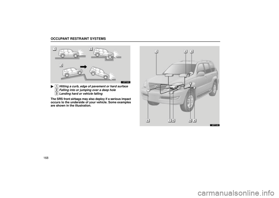Lexus GX470 2004  Engine / LEXUS 2004 GX470 FROM AUG. 2004 THROUGH SEP. 2004 PROD. OWNERS MANUAL (OM60B55U) OCCUPANT RESTRAINT SYSTEMS
168
1Hitting a curb, edge of pavement or hard surface
2Falling into or jumping over a deep hole
3Landing hard or vehicle falling
The SRS front airbags may also deploy if a 