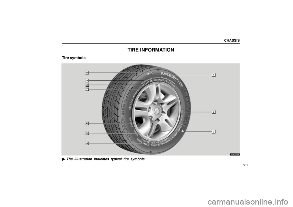 Lexus GX470 2004  Pictorial Index / LEXUS 2004 GX470 FROM NOV. 2003 THROUGH DEC. 2003 PROD. OWNERS MANUAL (OM60A74U) CHASSIS
561
TIRE INFORMATION
Tire symbols
63PY018
The illustration indicates typical tire symbols. 