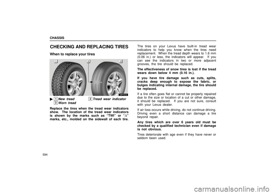 Lexus GX470 2004  Pictorial Index / LEXUS 2004 GX470 FROM AUG. 2004 THROUGH SEP. 2004 PROD.  (OM60B55U) User Guide CHASSIS
594
CHECKING AND REPLACING TIRES
When to replace your tires
1New tread2Tread wear indicator
3Worn tread
Replace the tires when the tread wear indicators
show.  The location of the tread wear 