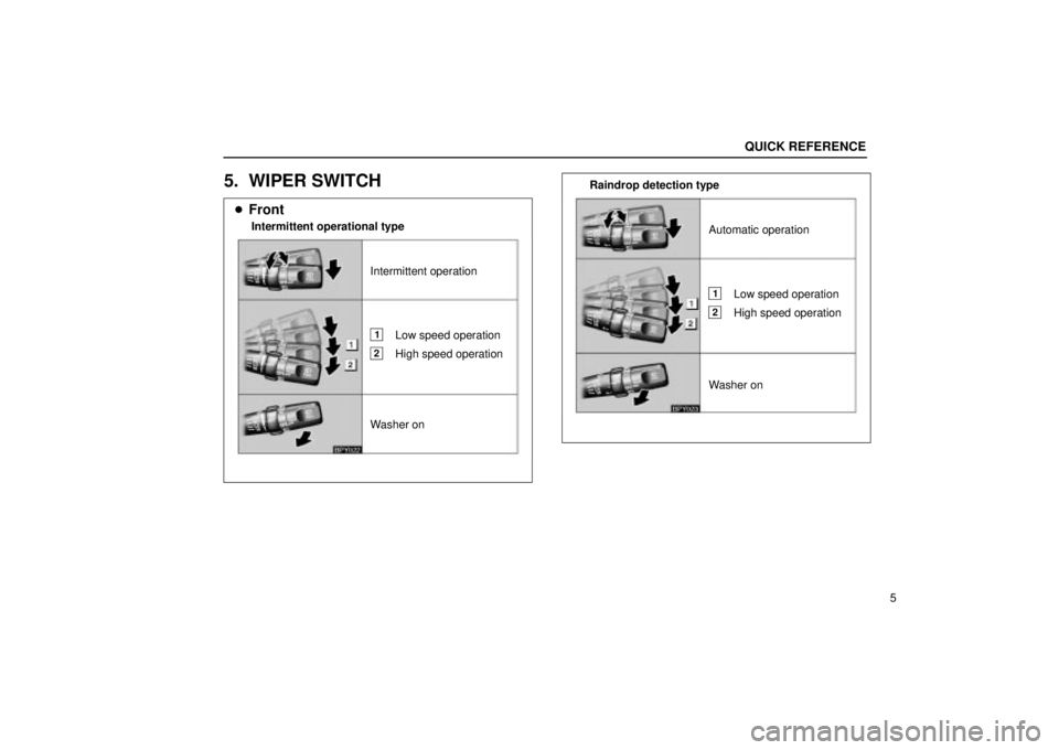 Lexus GX470 2004  Pictorial Index / LEXUS 2004 GX470 FROM SEP. 2004 PROD.  (OM60B57U) Owners Guide Front
Intermittent operation
Washer on
Intermittent operational type
1Low speed operation
2High speed operation
Automatic operation
Washer on
Raindrop detection type
1Low speed operation
2High speed 