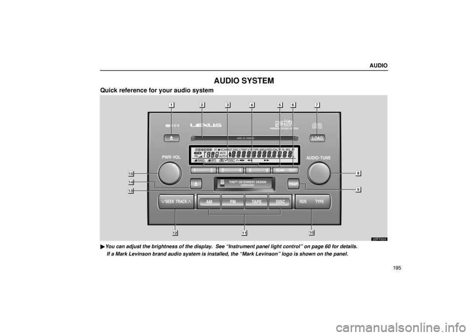 Lexus GX470 2003  Audio / LEXUS 2003 GX470 OWNERS MANUAL (OM60A45U) AUDIO
195
AUDIO SYSTEM
Quick reference for your audio system
22PY029
You can adjust the brightness of the display.  See “Instrument panel light control” on page 60 for details.
If a Mark Levinson