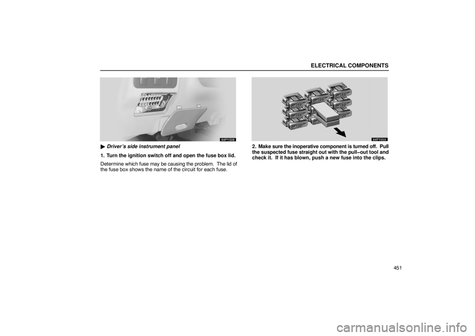 Lexus GX470 2003  Audio / LEXUS 2003 GX470 OWNERS MANUAL (OM60A45U) ELECTRICAL COMPONENTS
451
 Driver’s side instrument panel
1. Turn the ignition switch off and open the fuse box lid.
Determine  which fuse may be causing the problem.   The lid of
the fuse box show