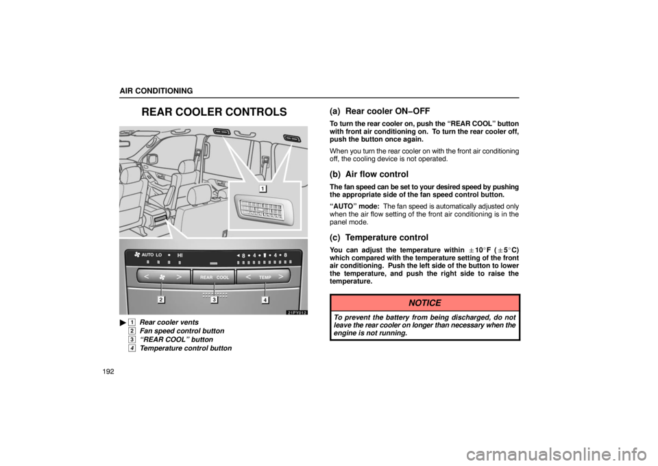 Lexus GX470 2003  Basic Functions / LEXUS 2003 GX470  (OM60979U) Owners Guide AIR CONDITIONING
192
REAR COOLER CONTROLS
21PY012
 1  Rear cooler vents
 
2  Fan speed control button
 
3  “REAR COOL” button
 
4  Temperature control button
(a) Rear cooler ON�OFF
To turn the re
