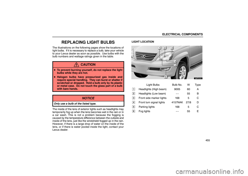 Lexus GX470 2003  How To Use This Manual / LEXUS 2003 GX470 OWNERS MANUAL (OM60A45U) ELECTRICAL COMPONENTS
455
REPLACING LIGHT BULBS
The illustrations on the following pages show the locations of
light bulbs.  If it is necessary to replace a bulb, take your vehicle
to your Lexus deale