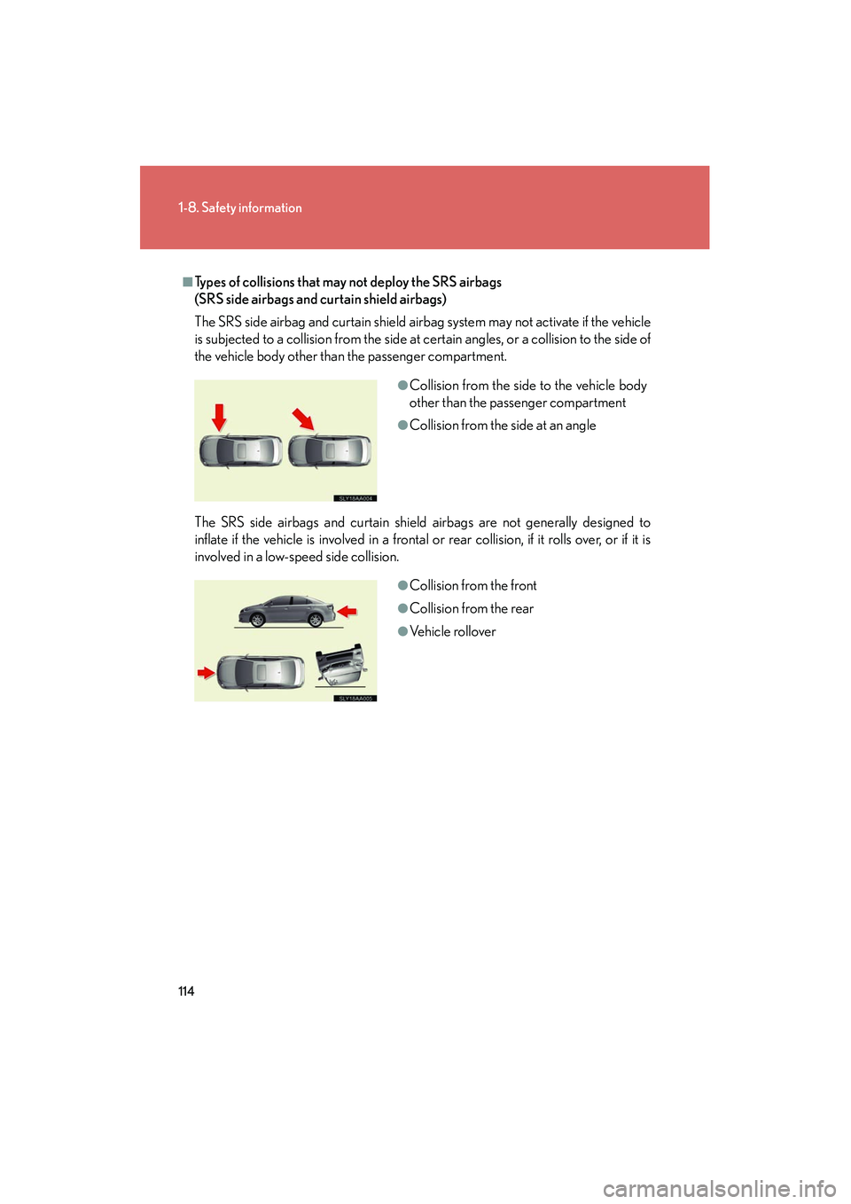 Lexus HS250h 2012 Owners Manual 114
1-8. Safety information
HS250h_U_75050U
■Types of collisions that may not deploy the SRS airbags
(SRS side airbags and curtain shield airbags)
The SRS side airbag and curtain shield airbag syst Lexus HS250h 2012 Owners Manual 114
1-8. Safety information
HS250h_U_75050U
■Types of collisions that may not deploy the SRS airbags
(SRS side airbags and curtain shield airbags)
The SRS side airbag and curtain shield airbag syst