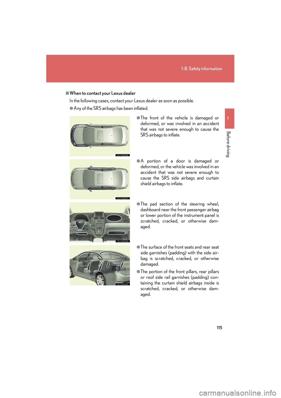 Lexus HS250h 2012 Owners Manual 115
1-8. Safety information
1
Before driving
HS250h_U_75050U
■When to contact your Lexus dealer
In the following cases, contact your Lexus dealer as soon as possible.
●Any of the SRS airbags has b Lexus HS250h 2012 Owners Manual 115
1-8. Safety information
1
Before driving
HS250h_U_75050U
■When to contact your Lexus dealer
In the following cases, contact your Lexus dealer as soon as possible.
●Any of the SRS airbags has b