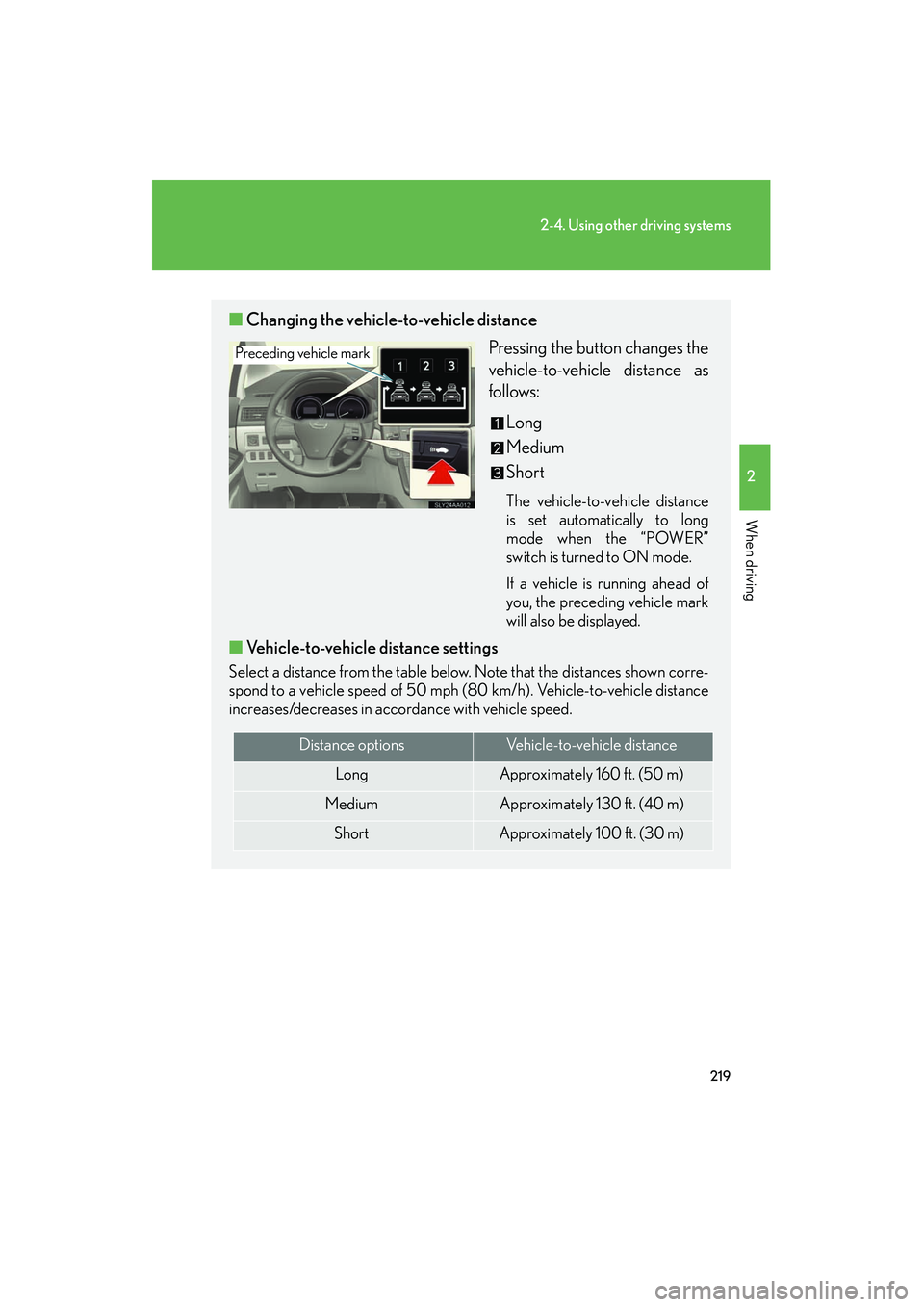Lexus HS250h 2012 Service Manual 219
2-4. Using other driving systems
2
When driving
HS250h_U_75050U
■Changing the vehicle- to-vehicle distance
Pressing the button changes the
vehicle-to-vehicle distance as
follows:
Long
Medium
Sho Lexus HS250h 2012 Service Manual 219
2-4. Using other driving systems
2
When driving
HS250h_U_75050U
■Changing the vehicle- to-vehicle distance
Pressing the button changes the
vehicle-to-vehicle distance as
follows:
Long
Medium
Sho