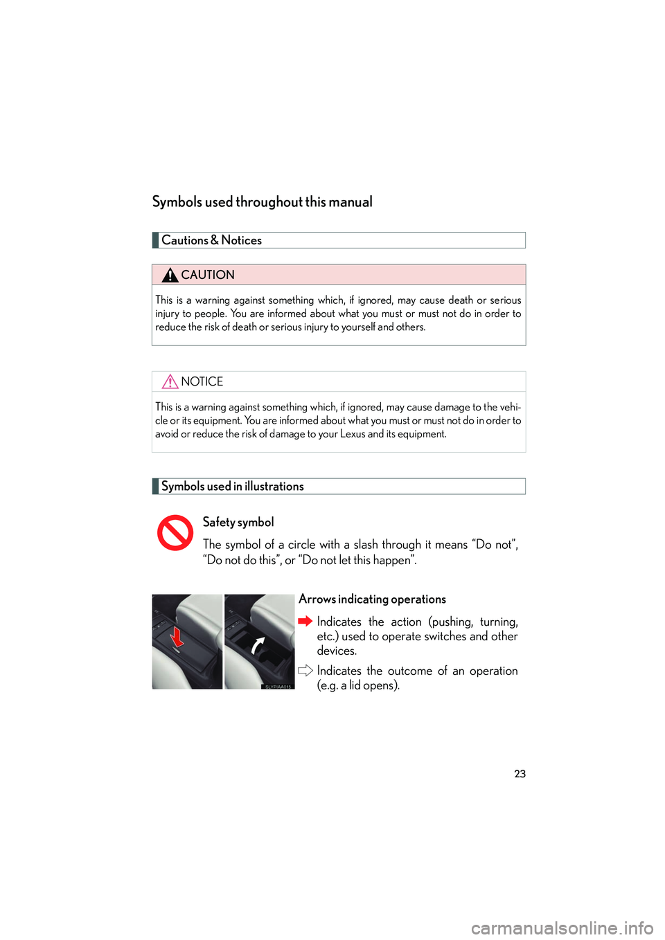 Lexus HS250h 2012 Owners Guide HS250h_U_75050U
23
Symbols used throughout this manual
Cautions & Notices
Symbols used in illustrations
CAUTION
This is a warning against something which, if ignored, may cause death or serious
injur Lexus HS250h 2012 Owners Guide HS250h_U_75050U
23
Symbols used throughout this manual
Cautions & Notices
Symbols used in illustrations
CAUTION
This is a warning against something which, if ignored, may cause death or serious
injur