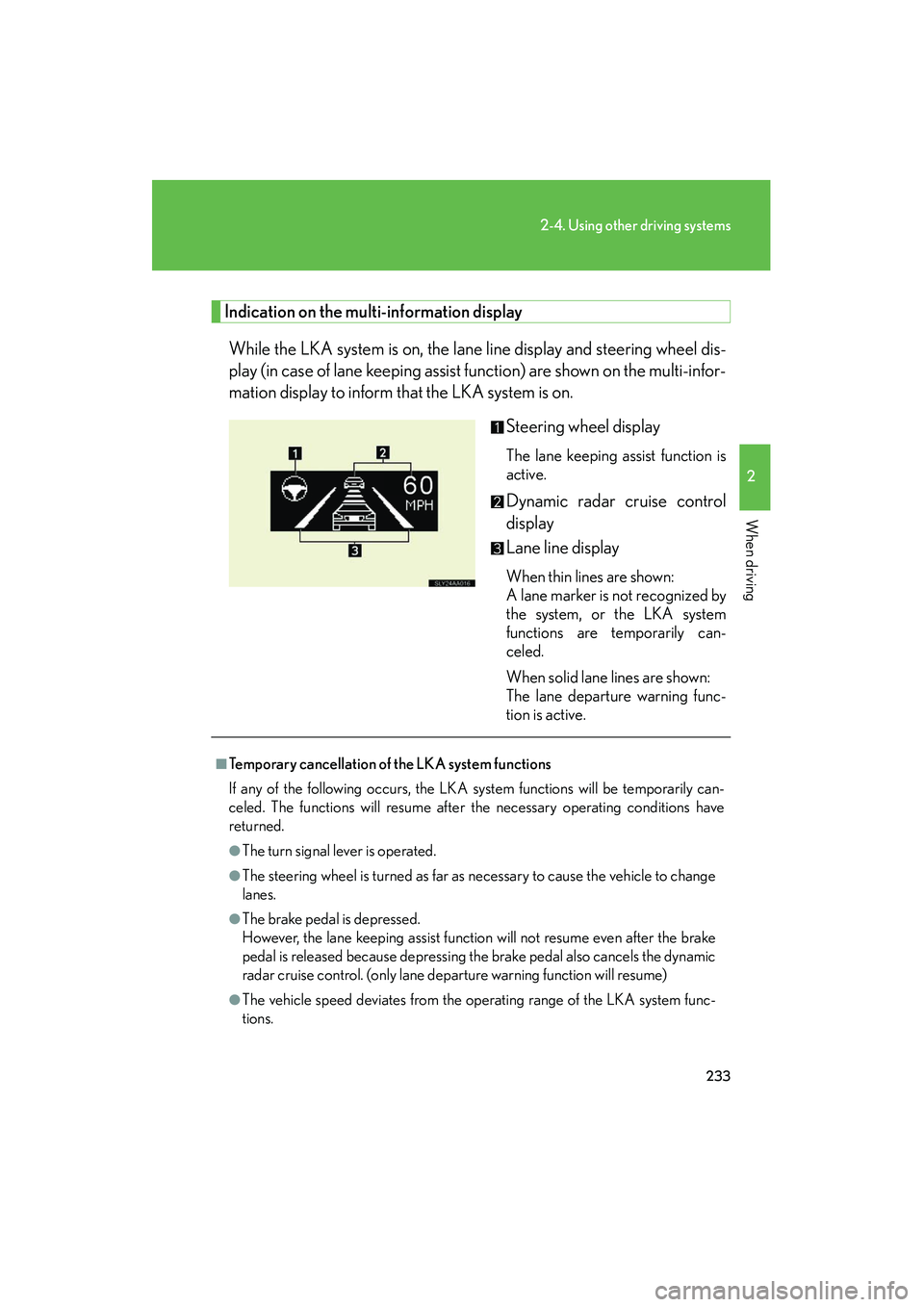 Lexus HS250h 2012 Service Manual 233
2-4. Using other driving systems
2
When driving
HS250h_U_75050U
Indication on the multi-information displayWhile the LKA system is on, the lane line display and steering wheel dis-
play (in case o Lexus HS250h 2012 Service Manual 233
2-4. Using other driving systems
2
When driving
HS250h_U_75050U
Indication on the multi-information displayWhile the LKA system is on, the lane line display and steering wheel dis-
play (in case o