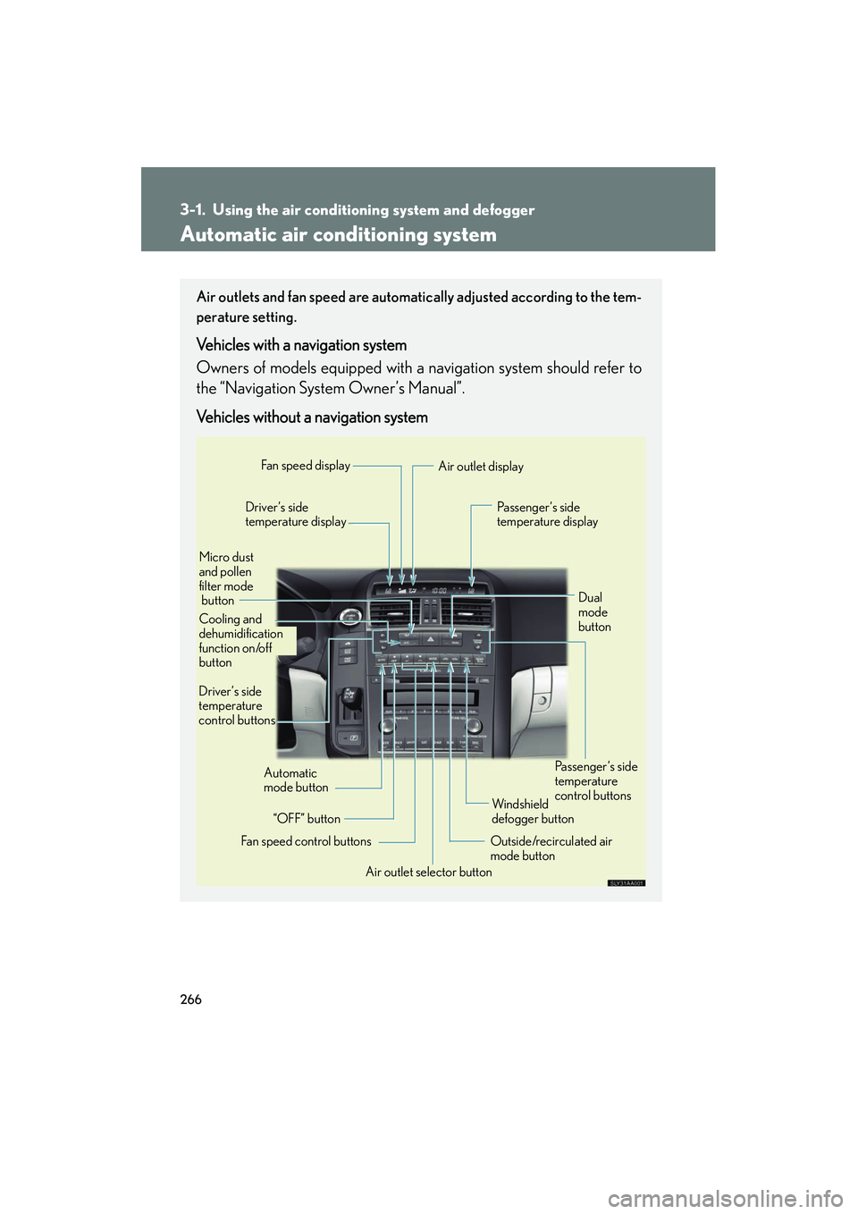 Lexus HS250h 2012 Service Manual 266
HS250h_U_75050U
3-1. Using the air conditioning system and defogger
Automatic air conditioning system
Air outlets and fan speed are automatically adjusted according to the tem-
perature setting.
V Lexus HS250h 2012 Service Manual 266
HS250h_U_75050U
3-1. Using the air conditioning system and defogger
Automatic air conditioning system
Air outlets and fan speed are automatically adjusted according to the tem-
perature setting.
V