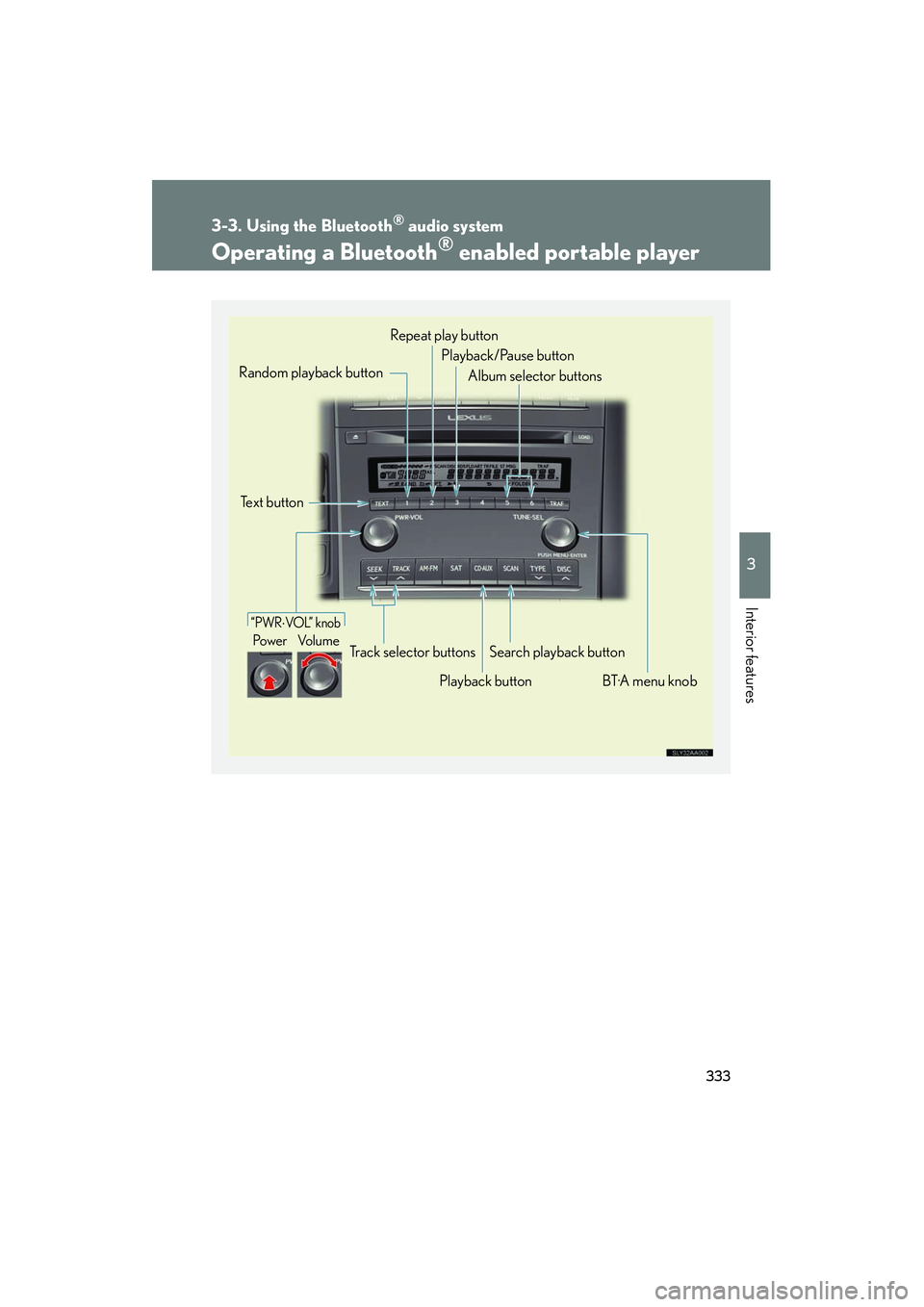 Lexus HS250h 2012 Owners Manual 333
3-3. Using the Bluetooth® audio system
3
Interior features
HS250h_U_75050U
Operating a Bluetooth® enabled portable player
“PWR⋅VOL” knob
Po we r Vo l u m e
Text button
Playback buttonSear Lexus HS250h 2012 Owners Manual 333
3-3. Using the Bluetooth® audio system
3
Interior features
HS250h_U_75050U
Operating a Bluetooth® enabled portable player
“PWR⋅VOL” knob
Po we r Vo l u m e
Text button
Playback buttonSear