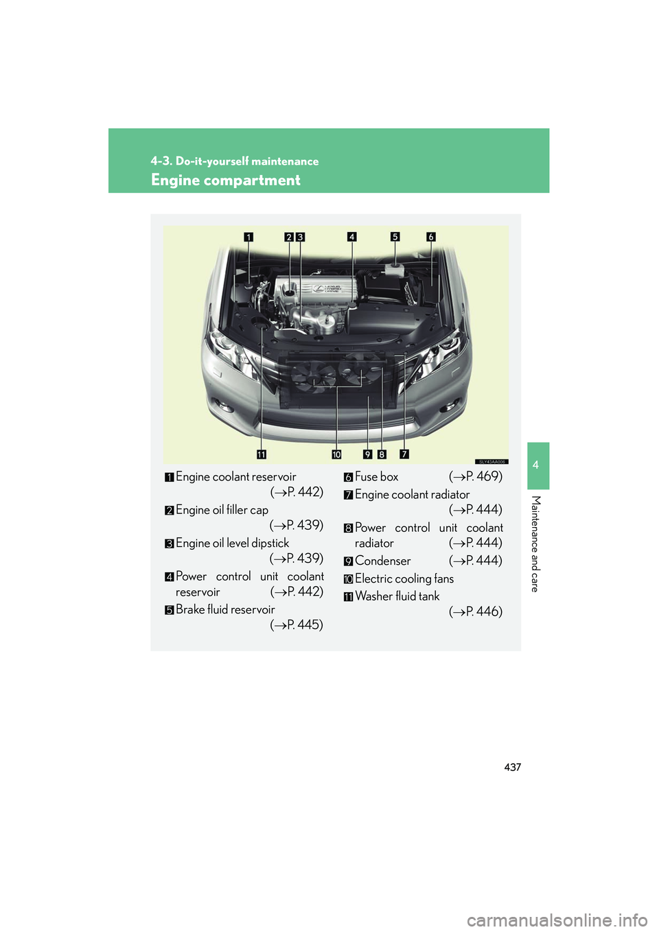 Lexus HS250h 2012 Owners Manual 437
4-3. Do-it-yourself maintenance
4
Maintenance and care
HS250h_U_75050U
Engine compartment
Engine coolant reservoir (→P. 4 4 2 )
Engine oil filler cap (→P. 4 3 9 )
Engine oil level dipstick Lexus HS250h 2012 Owners Manual 437
4-3. Do-it-yourself maintenance
4
Maintenance and care
HS250h_U_75050U
Engine compartment
Engine coolant reservoir (→P. 4 4 2 )
Engine oil filler cap (→P. 4 3 9 )
Engine oil level dipstick