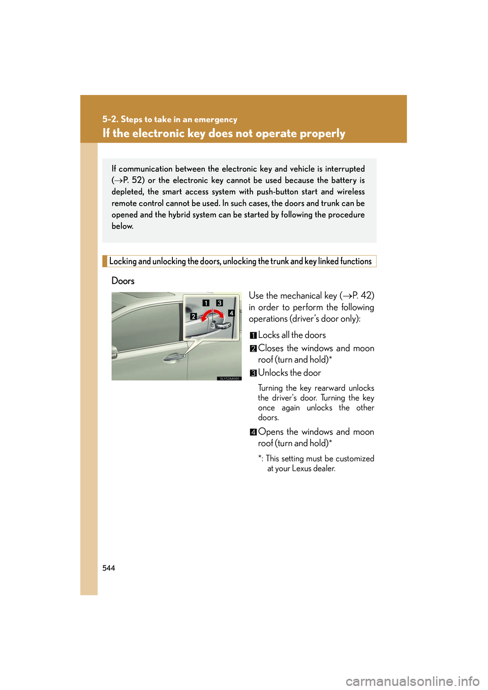 Lexus HS250h 2012 Owners Manual 544
5-2. Steps to take in an emergency
HS250h_U_75050U
If the electronic key does not operate properly
Locking and unlocking the doors, unlocking the trunk and key linked functions
DoorsUse the mechan Lexus HS250h 2012 Owners Manual 544
5-2. Steps to take in an emergency
HS250h_U_75050U
If the electronic key does not operate properly
Locking and unlocking the doors, unlocking the trunk and key linked functions
DoorsUse the mechan