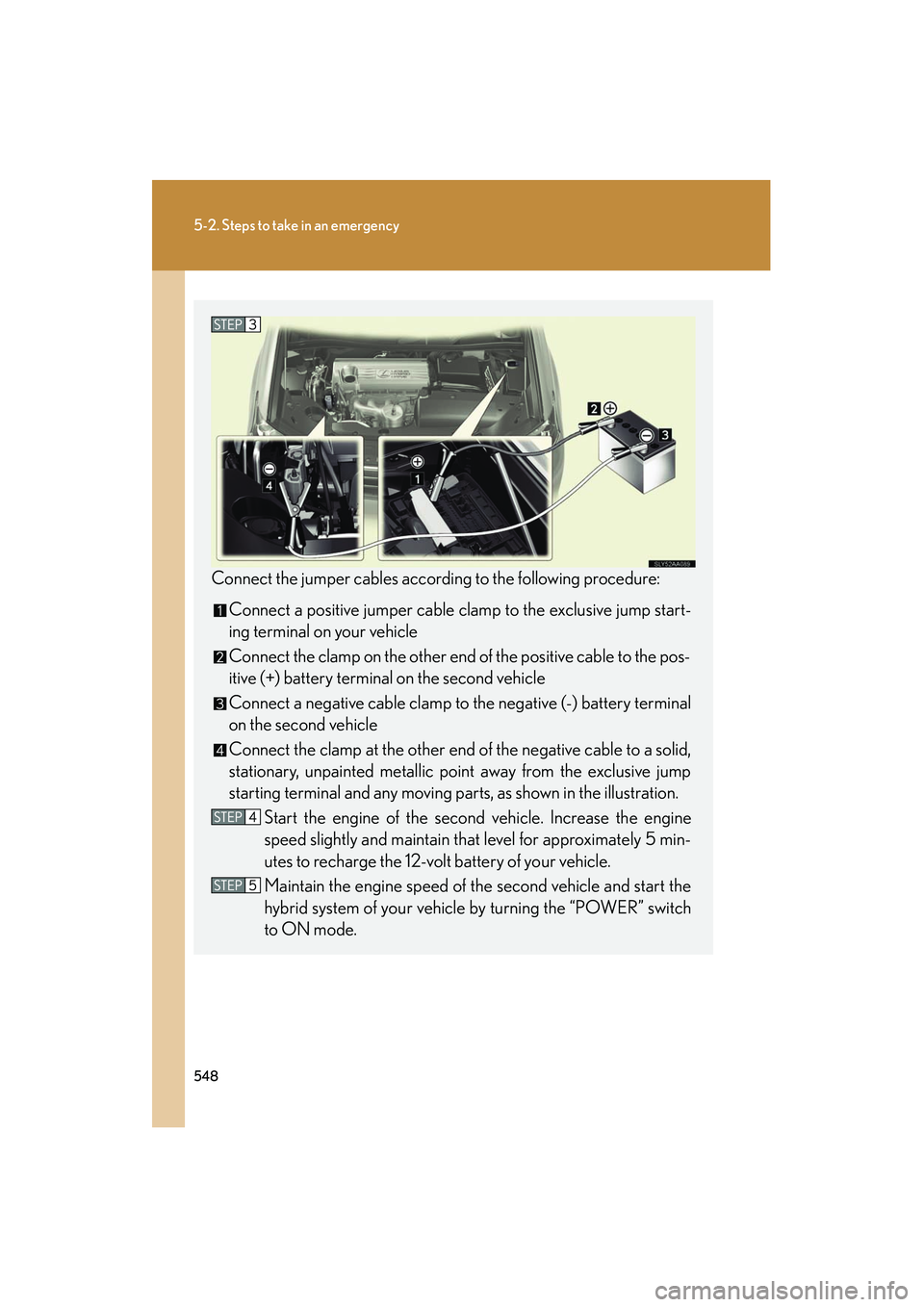 Lexus HS250h 2012 Workshop Manual 548
5-2. Steps to take in an emergency
HS250h_U_75050U
Connect the jumper cables according to the following procedure:Connect a positive jumper cable clamp to the exclusive jump start-
ing terminal on Lexus HS250h 2012 Workshop Manual 548
5-2. Steps to take in an emergency
HS250h_U_75050U
Connect the jumper cables according to the following procedure:Connect a positive jumper cable clamp to the exclusive jump start-
ing terminal on