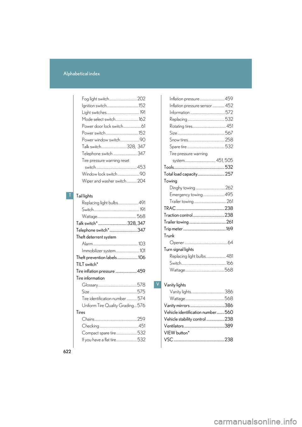 Lexus HS250h 2012 Service Manual 622
Alphabetical index
HS250h_U_75050U
Fog light switch................................... 202
Ignition switch........................................152
Light switches ............................... Lexus HS250h 2012 Service Manual 622
Alphabetical index
HS250h_U_75050U
Fog light switch................................... 202
Ignition switch........................................152
Light switches ...............................