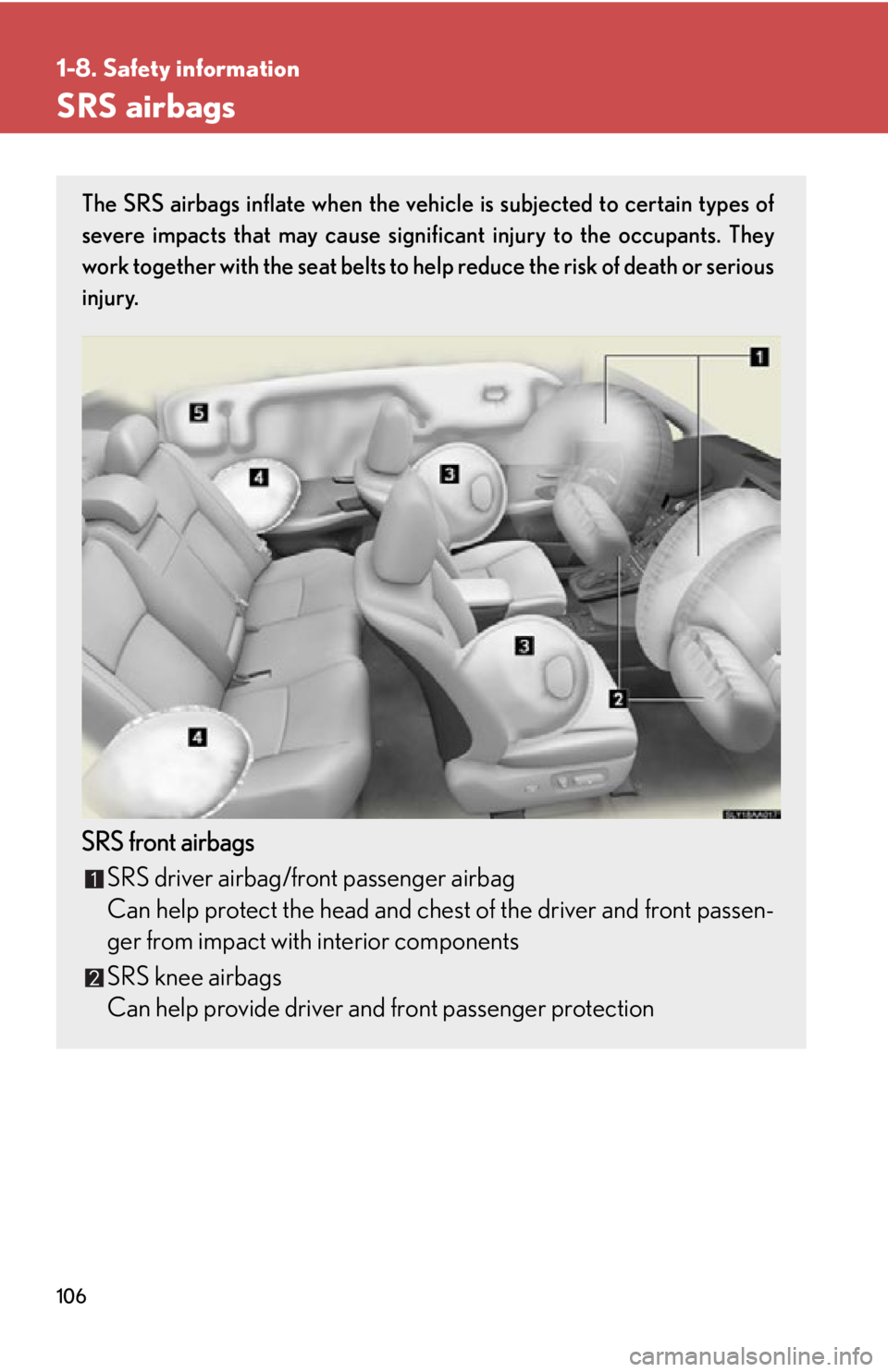 Lexus HS250h 2011 Do-it-yourself maintenance / LEXUS 2011 HS250H OWNERS MANUAL (OM75037U) 106
1-8. Safety information
SRS airbags
The SRS airbags inflate when the vehicle is subjected to certain types of
severe impacts that may cause significant injury to the occupants. They
work together Lexus HS250h 2011 Do-it-yourself maintenance / LEXUS 2011 HS250H OWNERS MANUAL (OM75037U) 106
1-8. Safety information
SRS airbags
The SRS airbags inflate when the vehicle is subjected to certain types of
severe impacts that may cause significant injury to the occupants. They
work together