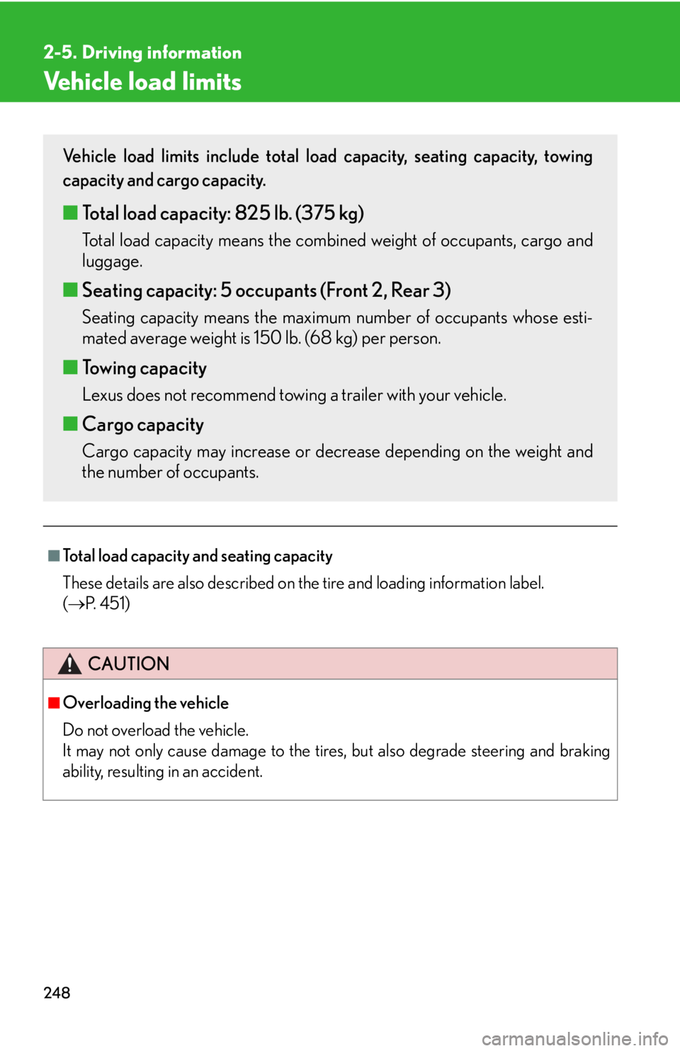 Lexus HS250h 2011  Do-it-yourself maintenance / LEXUS 2011 HS250H OWNERS MANUAL (OM75037U) 248
2-5. Driving information
Vehicle load limits
■Total load capacity and seating capacity
These details are also described on the tire and loading information label. 
(  P.  4 5 1 )
CAUTION
■O