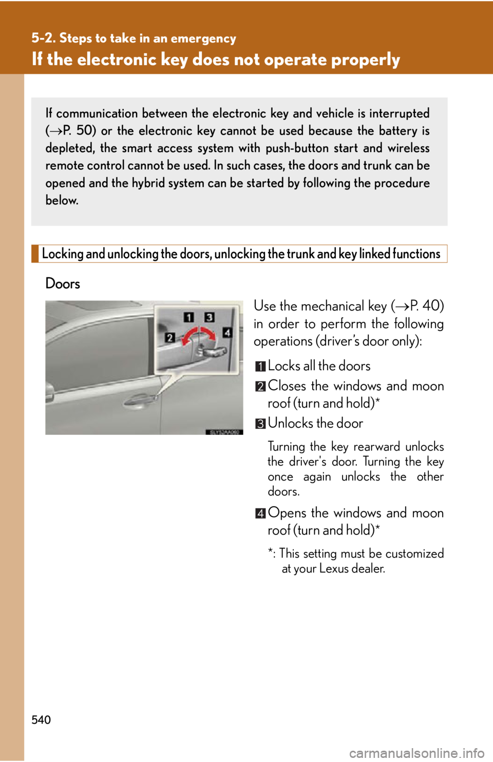 Lexus HS250h 2011 Do-it-yourself maintenance / LEXUS 2011 HS250H OWNERS MANUAL (OM75037U) 540
5-2. Steps to take in an emergency
If the electronic key does not operate properly
Locking and unlocking the doors, unlocking the trunk and key linked functions
Doors
Use the mechanical key (P. Lexus HS250h 2011 Do-it-yourself maintenance / LEXUS 2011 HS250H OWNERS MANUAL (OM75037U) 540
5-2. Steps to take in an emergency
If the electronic key does not operate properly
Locking and unlocking the doors, unlocking the trunk and key linked functions
Doors
Use the mechanical key (P.