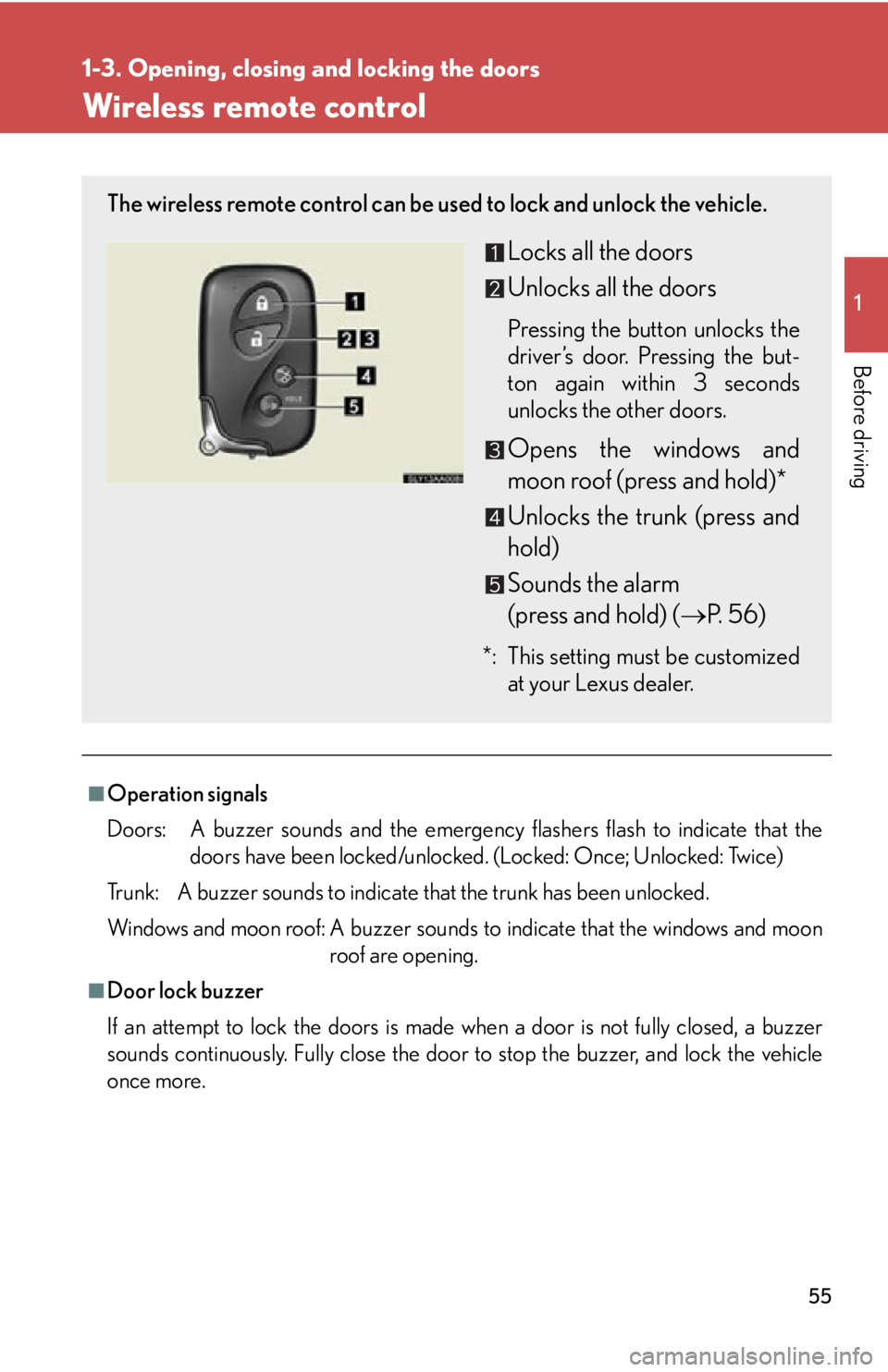 Lexus HS250h 2011  Do-it-yourself maintenance / LEXUS 2011 HS250H OWNERS MANUAL (OM75037U) 55
1
1-3. Opening, closing and locking the doors
Before driving
Wireless remote control
■Operation signals
Doors:  A buzzer sounds and the emergency flashers flash to indicate that thedoors have bee